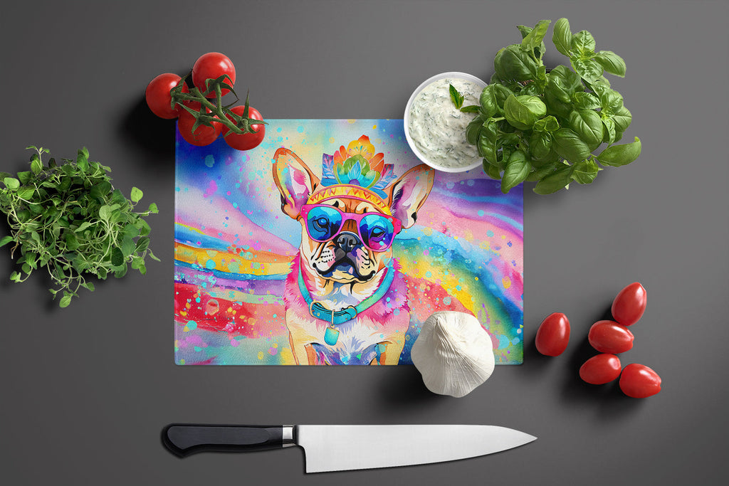 Pug Hippie Dawg Cutting Board Tempered Glass Kitchen Cutting Surface, Heat Resistant Chopping, Non-Slip Feet, Food Prep & Serving