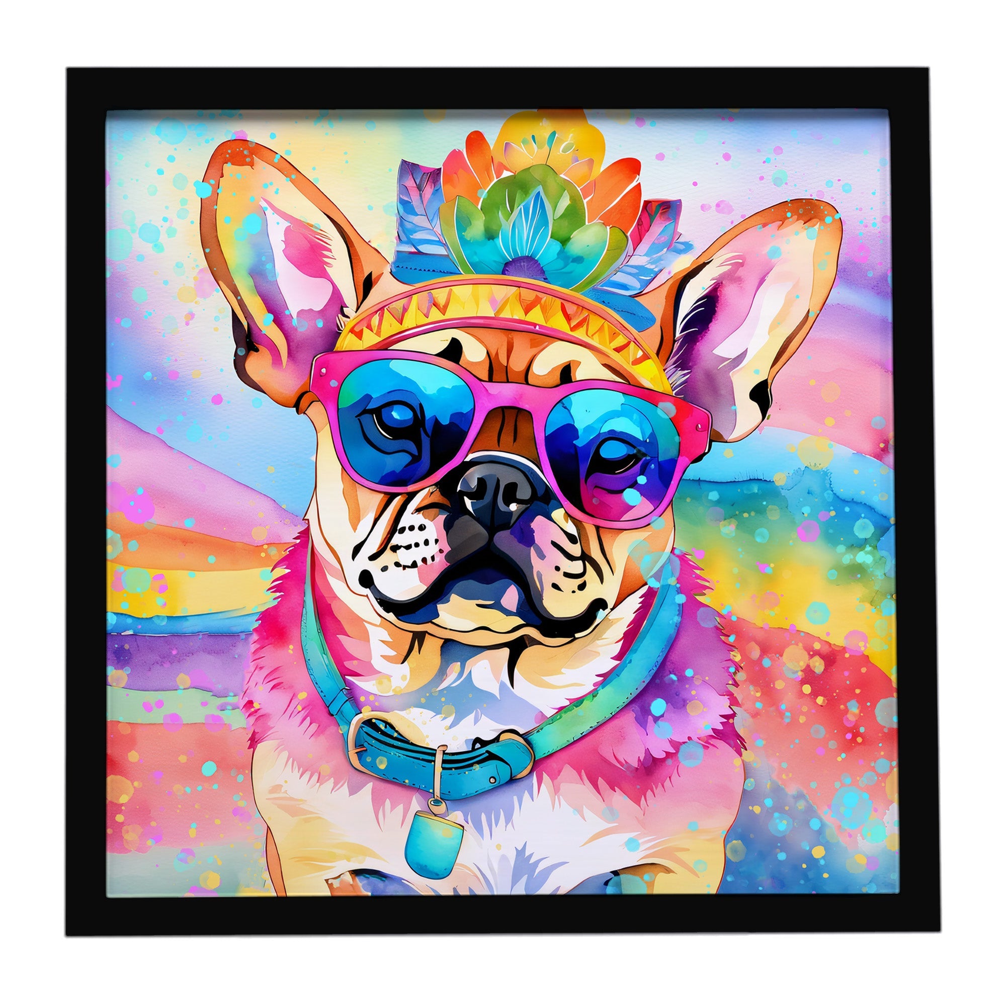 Pug Hippie Dawg Framed Metal Print Bathroom, Kitchen, Office, Home Decor Wall Art Ready to Hang, Square, 8X8