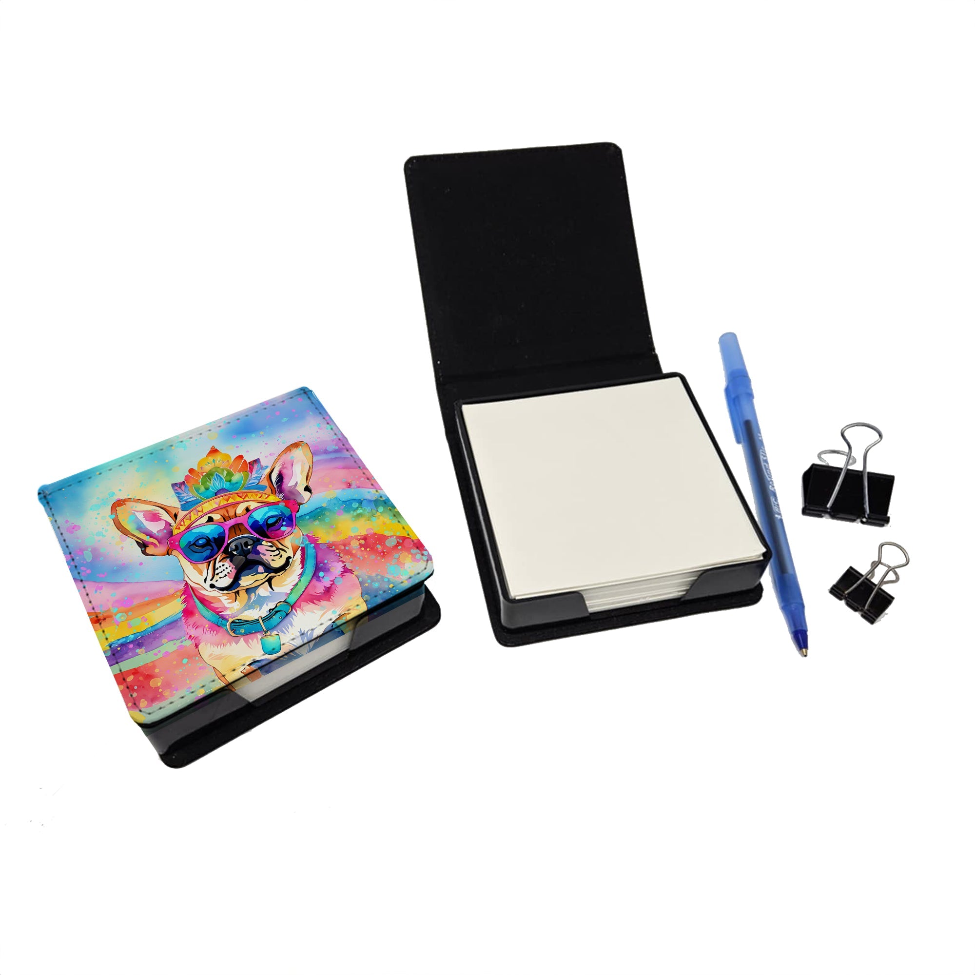 Pug Hippie Dawg PU Leather Note Paper Holder with Artist-Designed Cover, Desk Accessory, Office Gift
