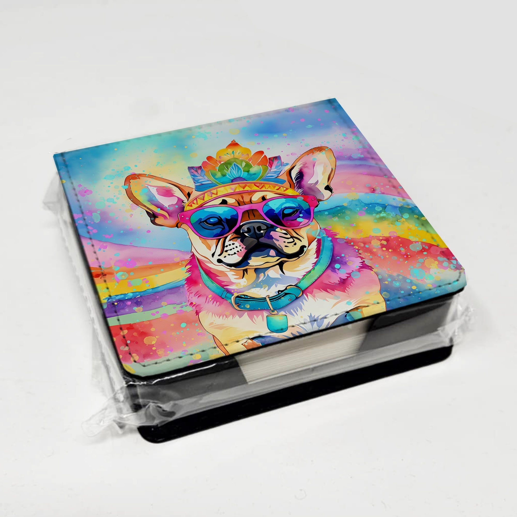 Pug Hippie Dawg PU Leather Note Paper Holder with Artist-Designed Cover, Desk Accessory, Office Gift
