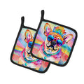 Pug Hippie Dawg Pot Holder Set of 2 Heat Resistant Quilted Hot Pads 7.5 x 7.5 Inch, Insulated Kitchen Trivets for Cooking & Baking