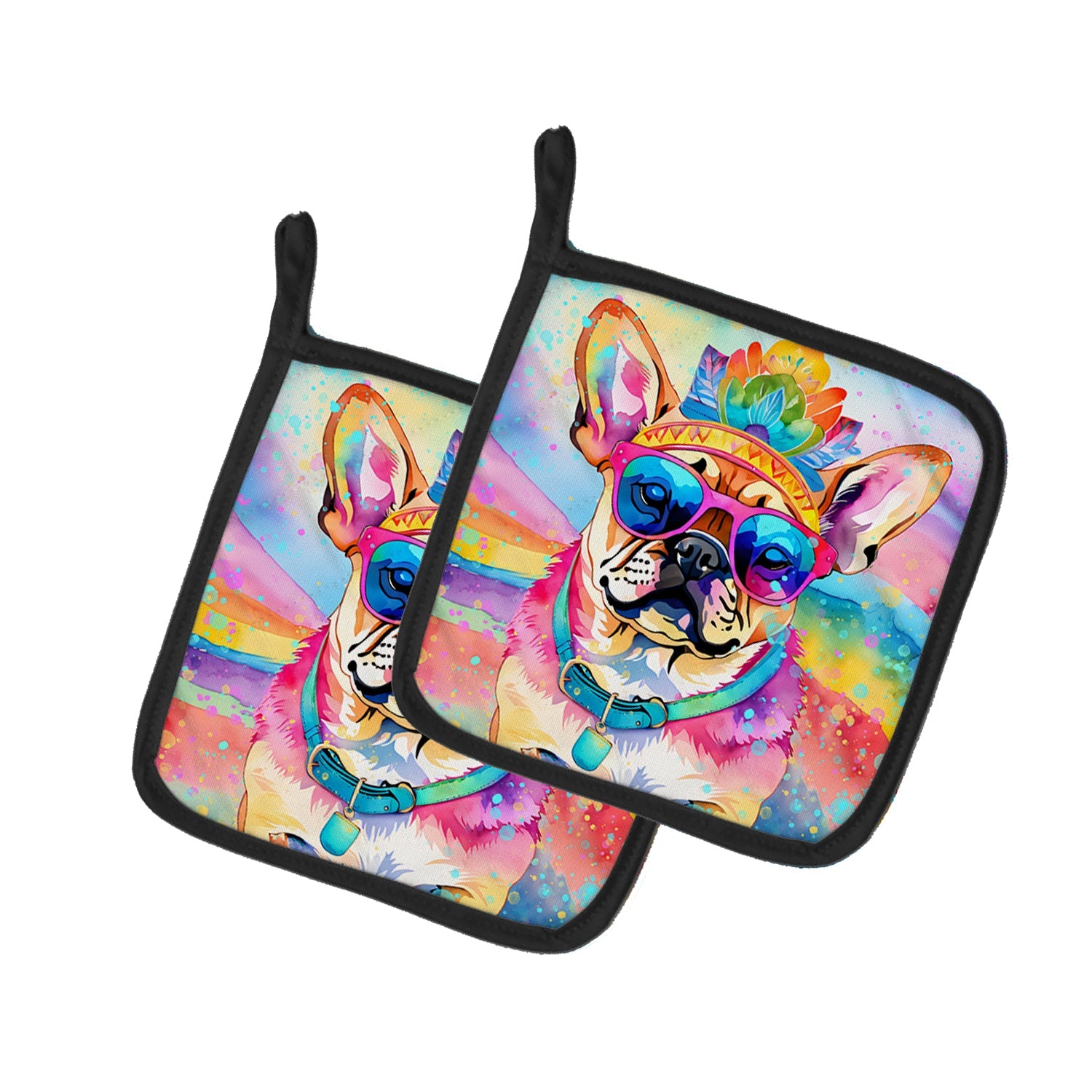Pug Hippie Dawg Pot Holder Set of 2 Heat Resistant Quilted Hot Pads 7.5 x 7.5 Inch, Insulated Kitchen Trivets for Cooking & Baking