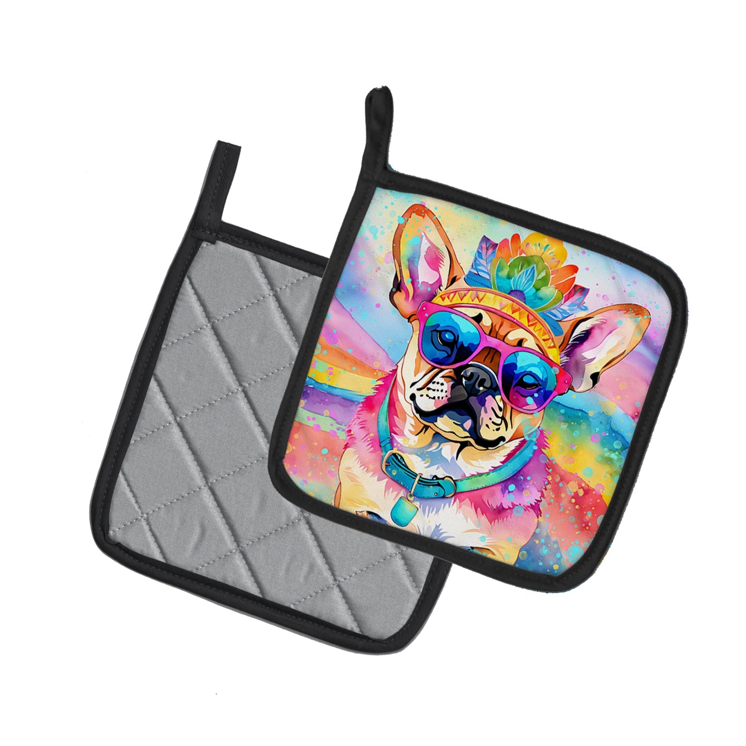 Pug Hippie Dawg Pot Holder Set of 2 Heat Resistant Quilted Hot Pads 7.5 x 7.5 Inch, Insulated Kitchen Trivets for Cooking & Baking