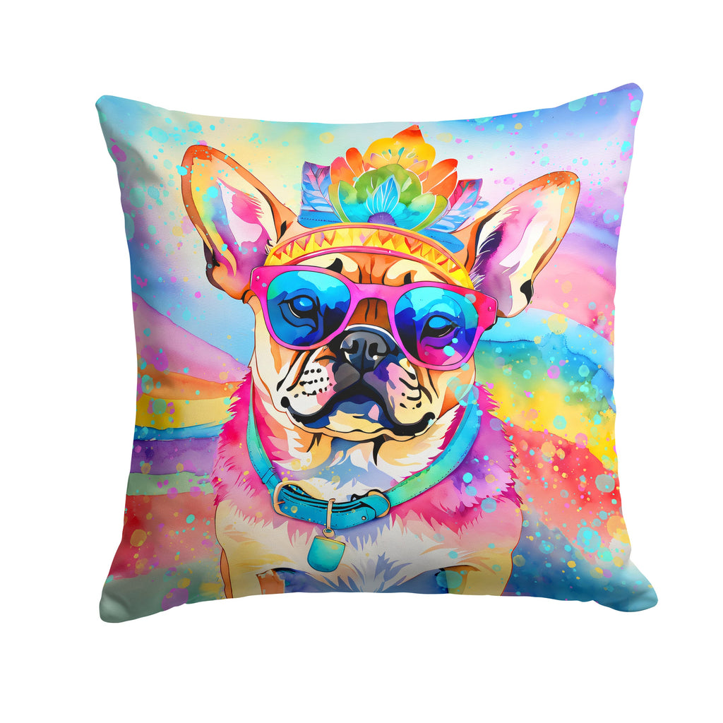 Pug Hippie Dawg Decorative Throw Pillow 14x14 Indoor Outdoor Accent Cushion, Fabric Cover with Insert for Sofa, Bed, Porch & Living Room