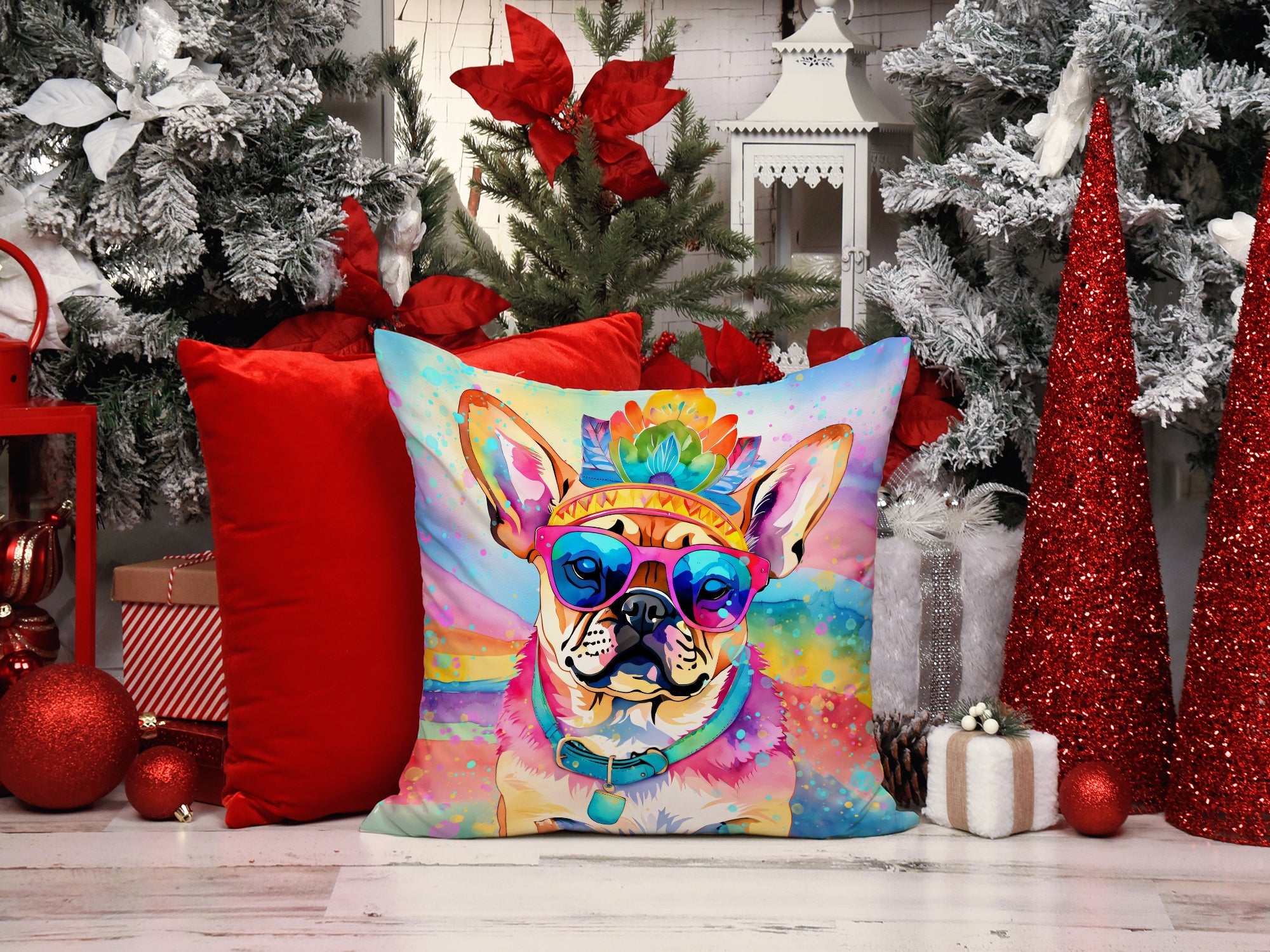 Pug Hippie Dawg Decorative Throw Pillow 14x14 Indoor Outdoor Accent Cushion, Fabric Cover with Insert for Sofa, Bed, Porch & Living Room