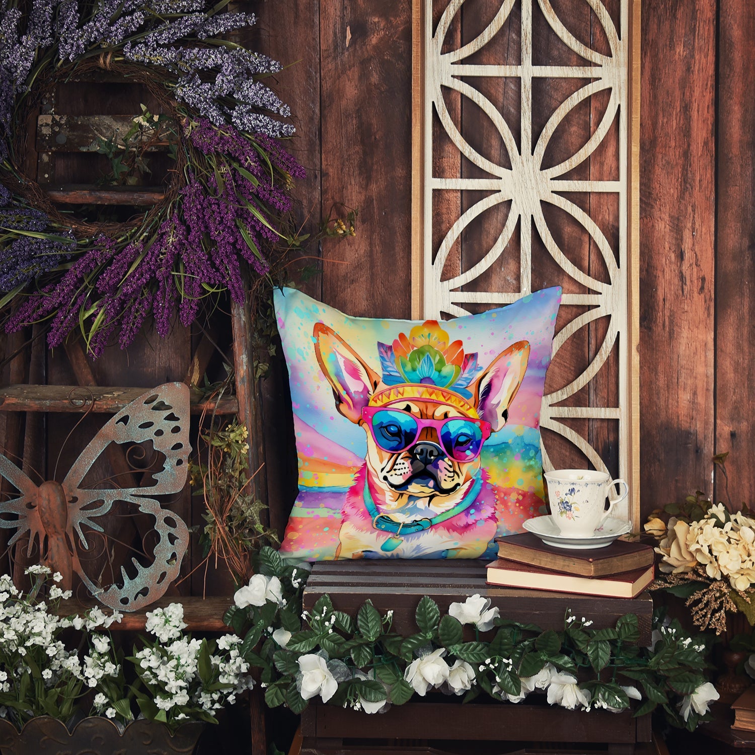 Pug Hippie Dawg Decorative Throw Pillow 14x14 Indoor Outdoor Accent Cushion, Fabric Cover with Insert for Sofa, Bed, Porch & Living Room