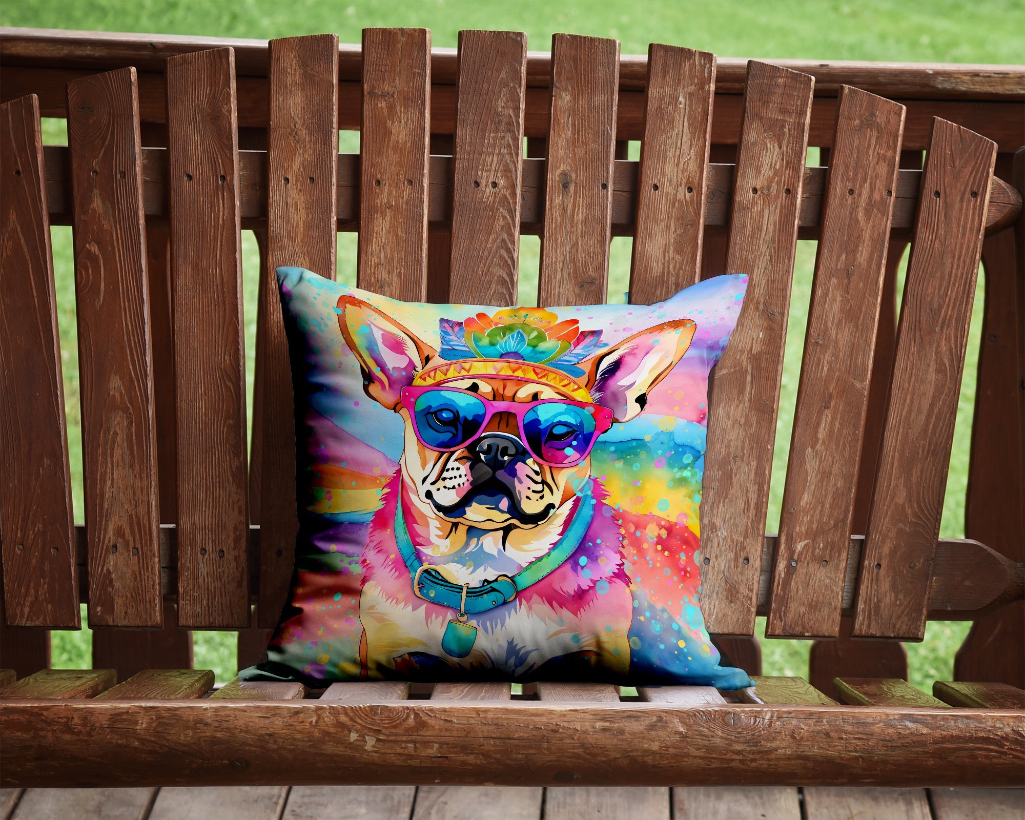 Pug Hippie Dawg Decorative Throw Pillow 14x14 Indoor Outdoor Accent Cushion, Fabric Cover with Insert for Sofa, Bed, Porch & Living Room