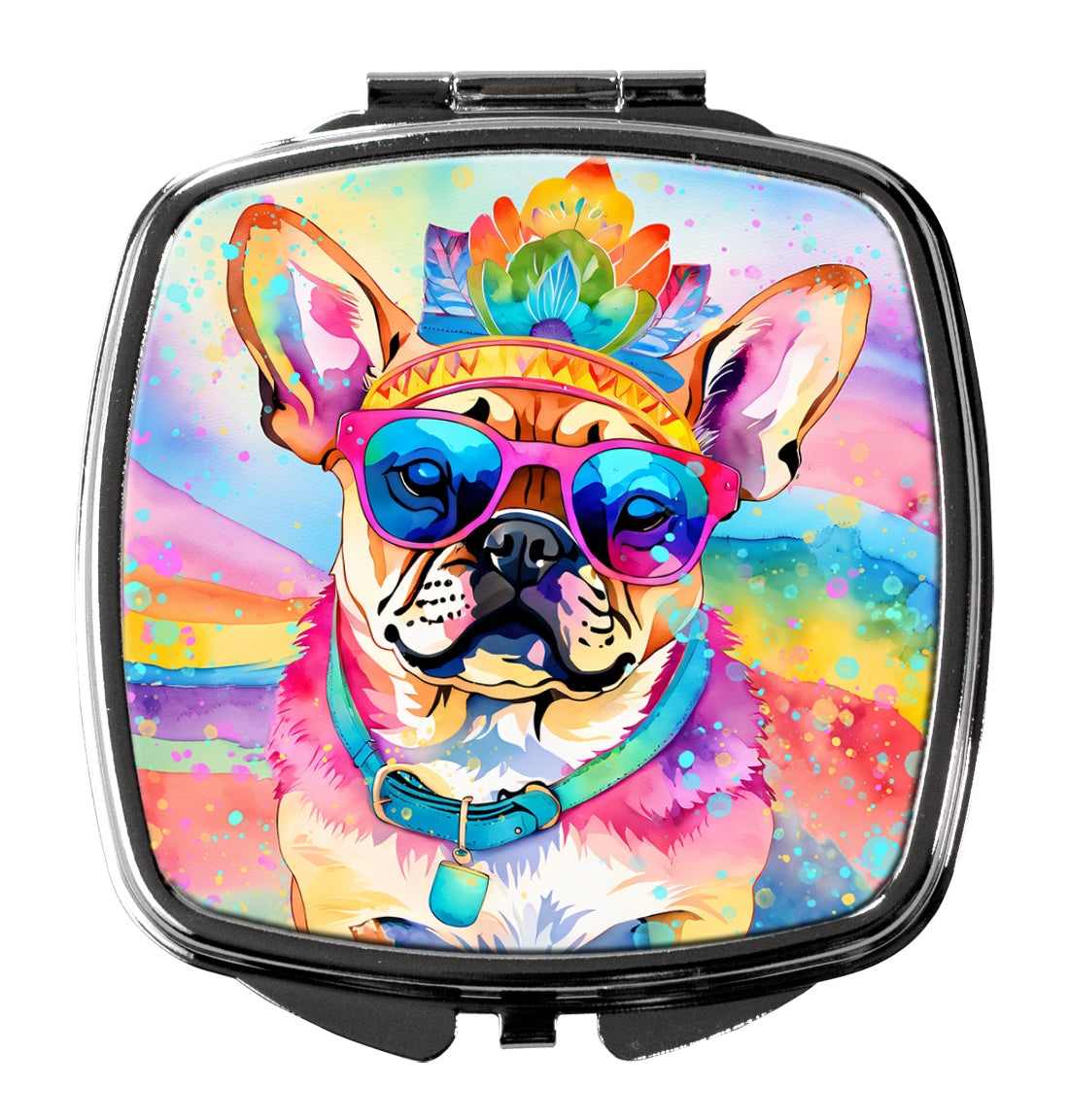 Pug Hippie Dawg Compact Mirror Decorative Travel Makeup Mirror for Women Girls Gifts Pocket Makeup Mirror Folding Handheld