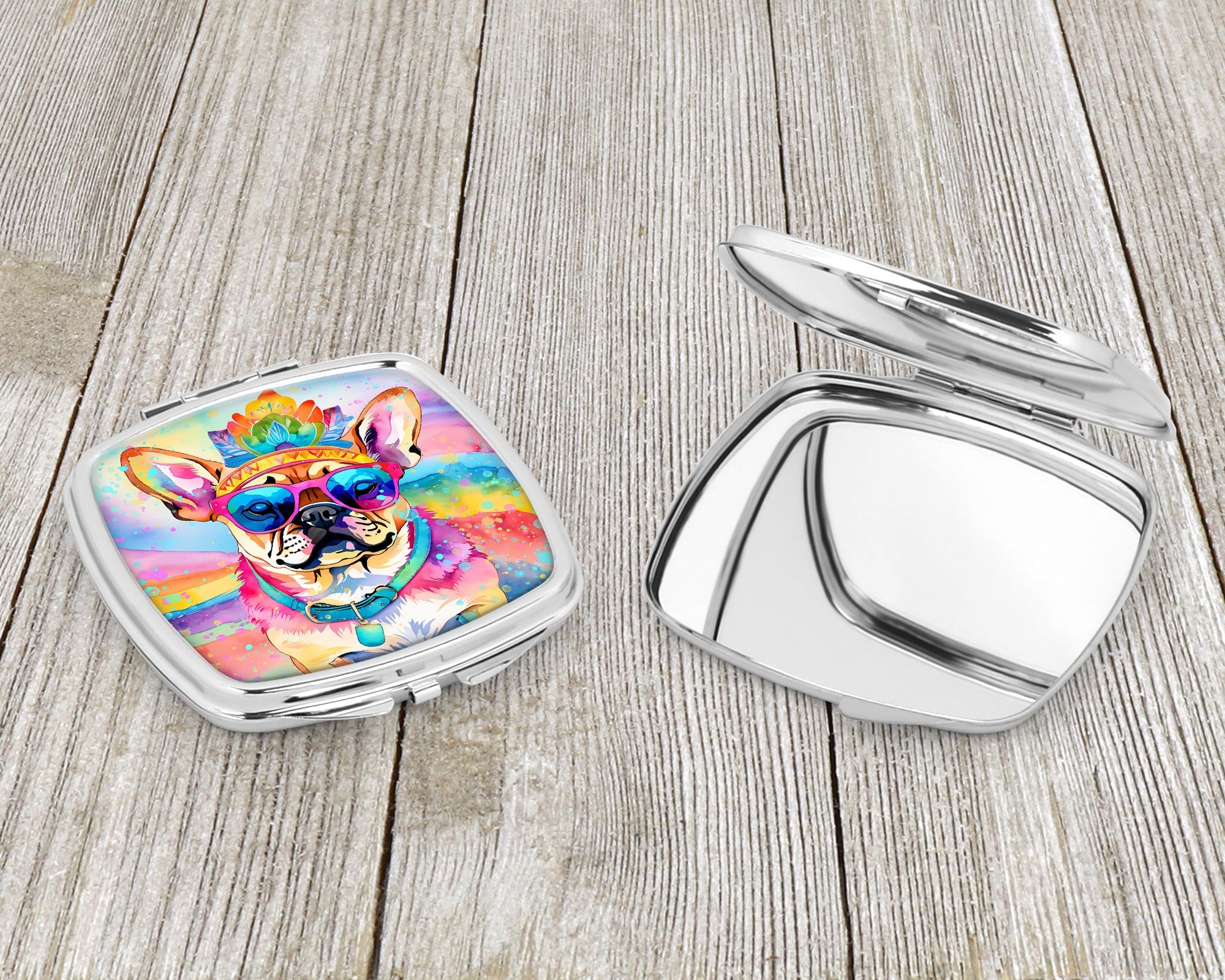 Pug Hippie Dawg Compact Mirror Decorative Travel Makeup Mirror for Women Girls Gifts Pocket Makeup Mirror Folding Handheld