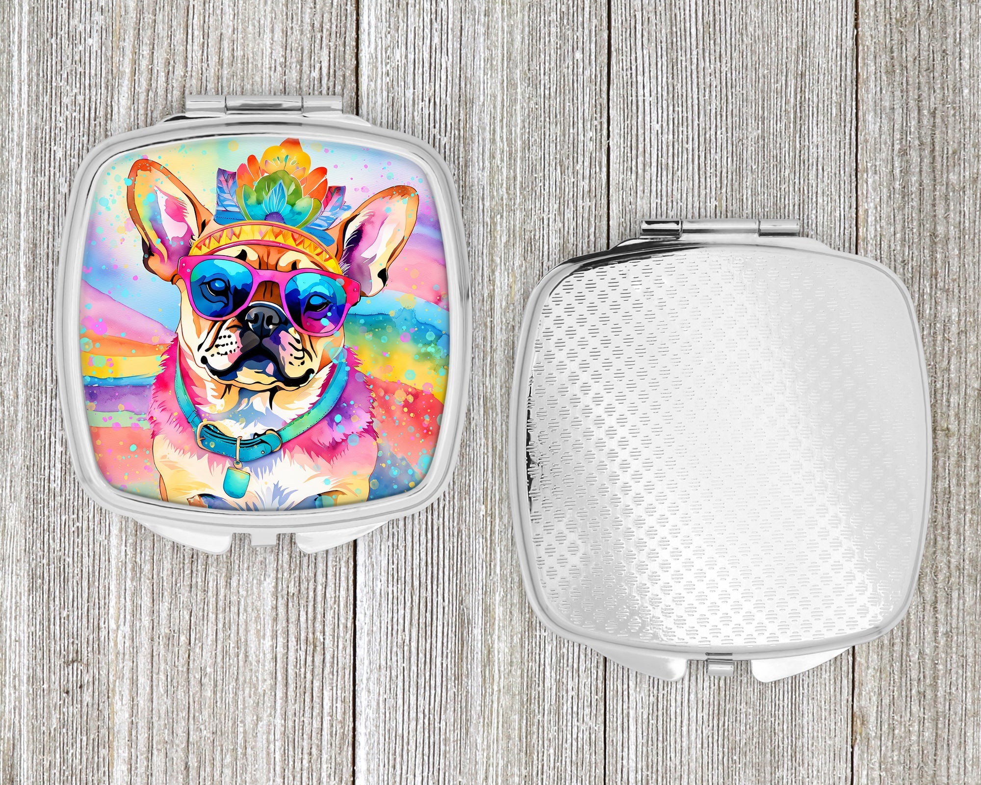 Pug Hippie Dawg Compact Mirror Decorative Travel Makeup Mirror for Women Girls Gifts Pocket Makeup Mirror Folding Handheld