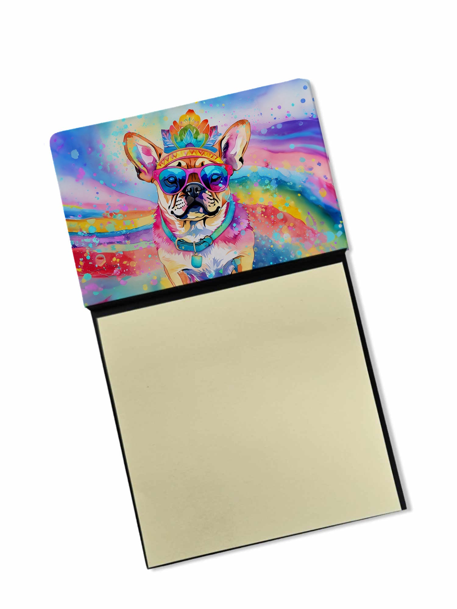 Pug Hippie Dawg Watercolor Sticky Note Holder Refillable Dispenser Desk Accessory 3x3 Pad Gift