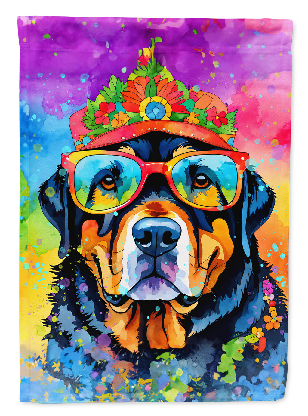 Rottweiler Hippie Dawg House Flag 28x40 Porch Sleeve Pole Decorative Outside Yard Banner Artwork Wall Hanging, Polyester