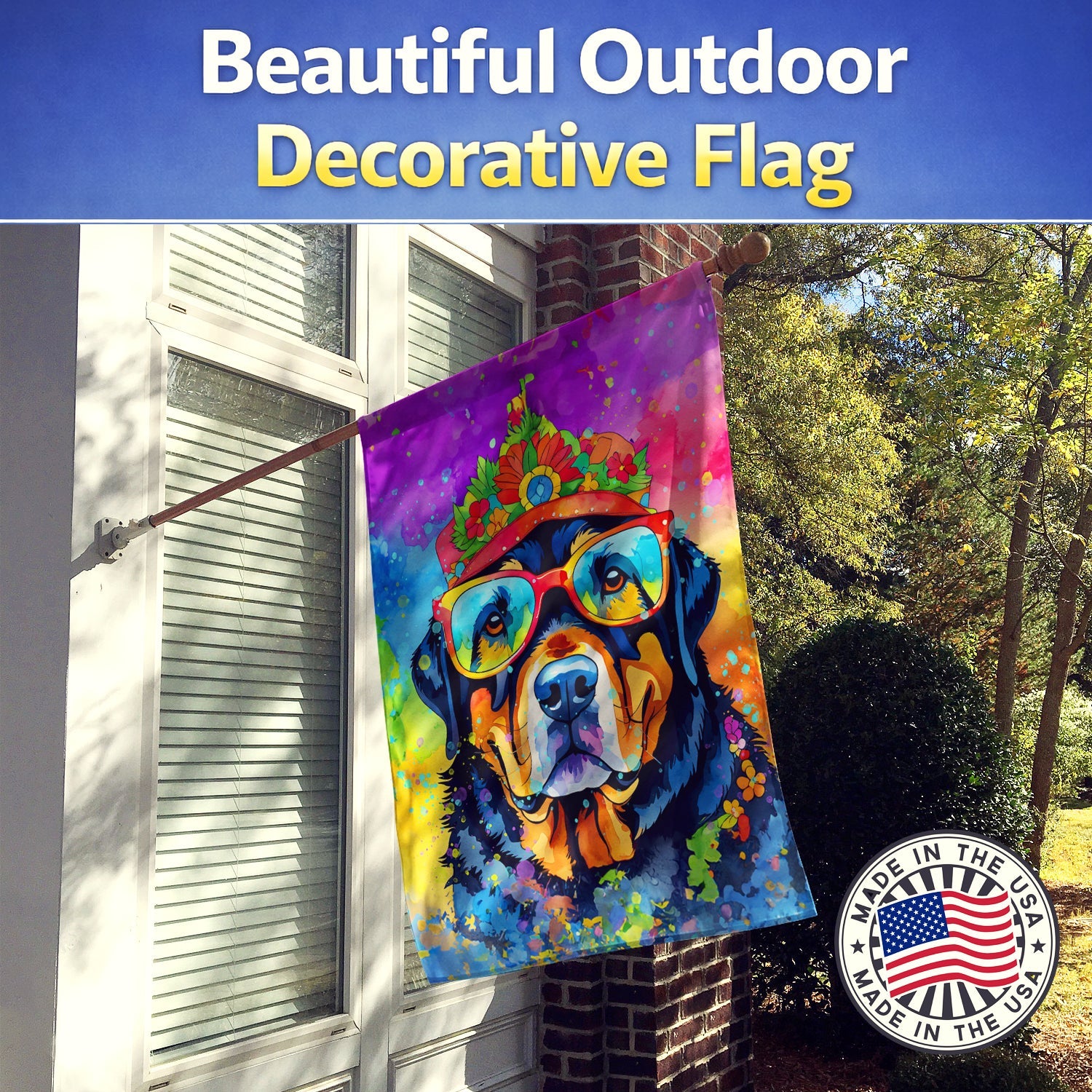 Rottweiler Hippie Dawg House Flag 28x40 Porch Sleeve Pole Decorative Outside Yard Banner Artwork Wall Hanging, Polyester