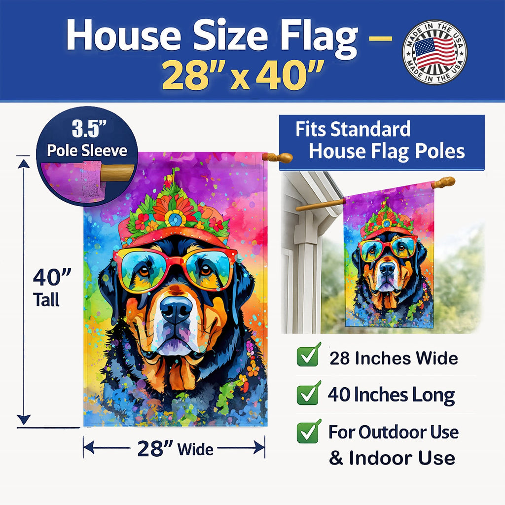 Rottweiler Hippie Dawg House Flag 28x40 Porch Sleeve Pole Decorative Outside Yard Banner Artwork Wall Hanging, Polyester