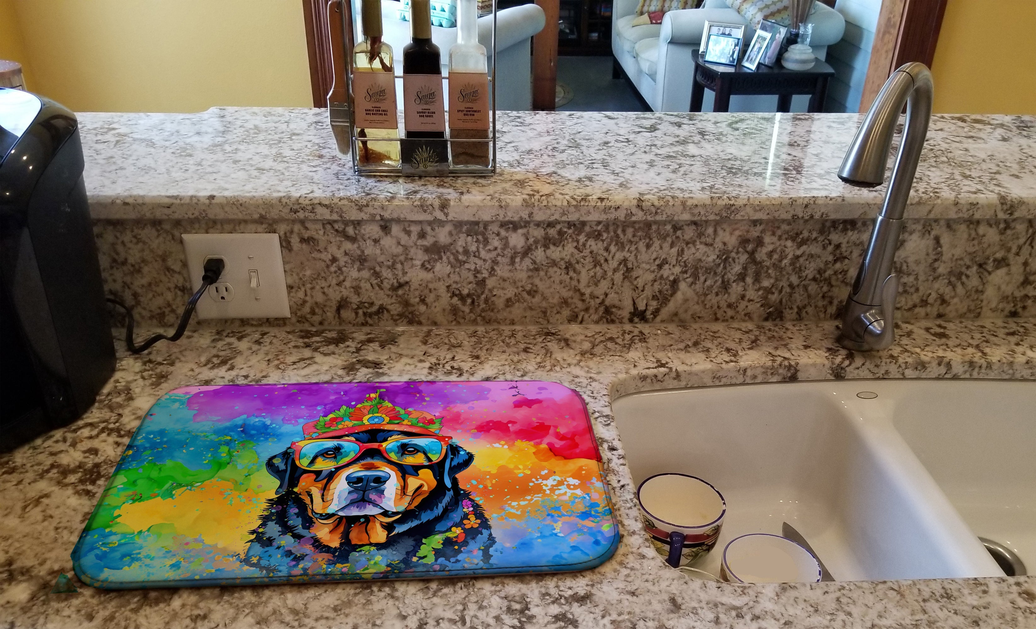 Rottweiler Hippie Dawg Dish Drying Mat Absorbent Dish Drying Mat Pad for Kitchen Counter Dish Drainer Mat for Countertop, 14 x 21", Multicolor