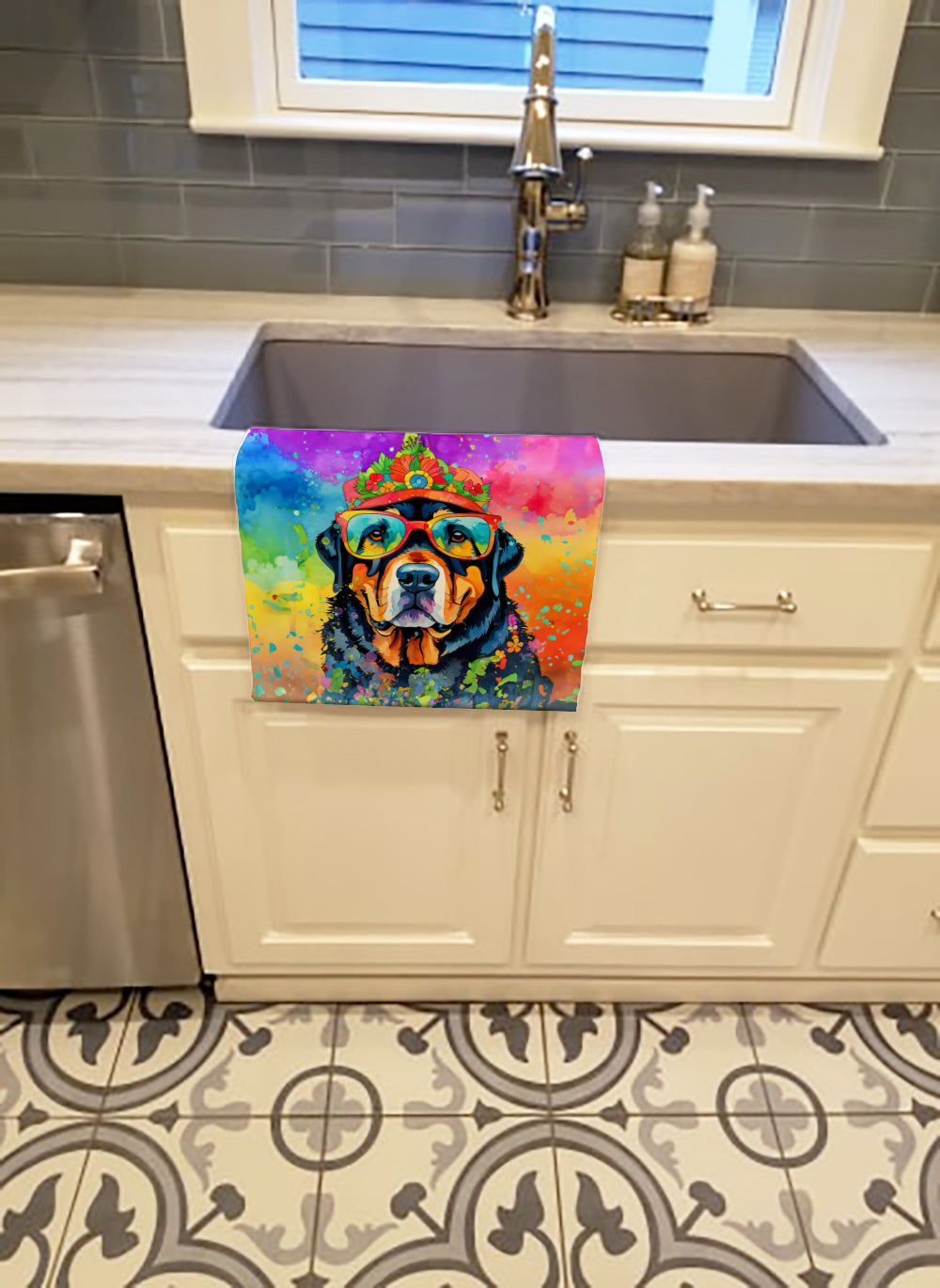 Rottweiler Hippie Dawg Kitchen Towel Velour Plush Front and Cotton Loop Back Machine Washable