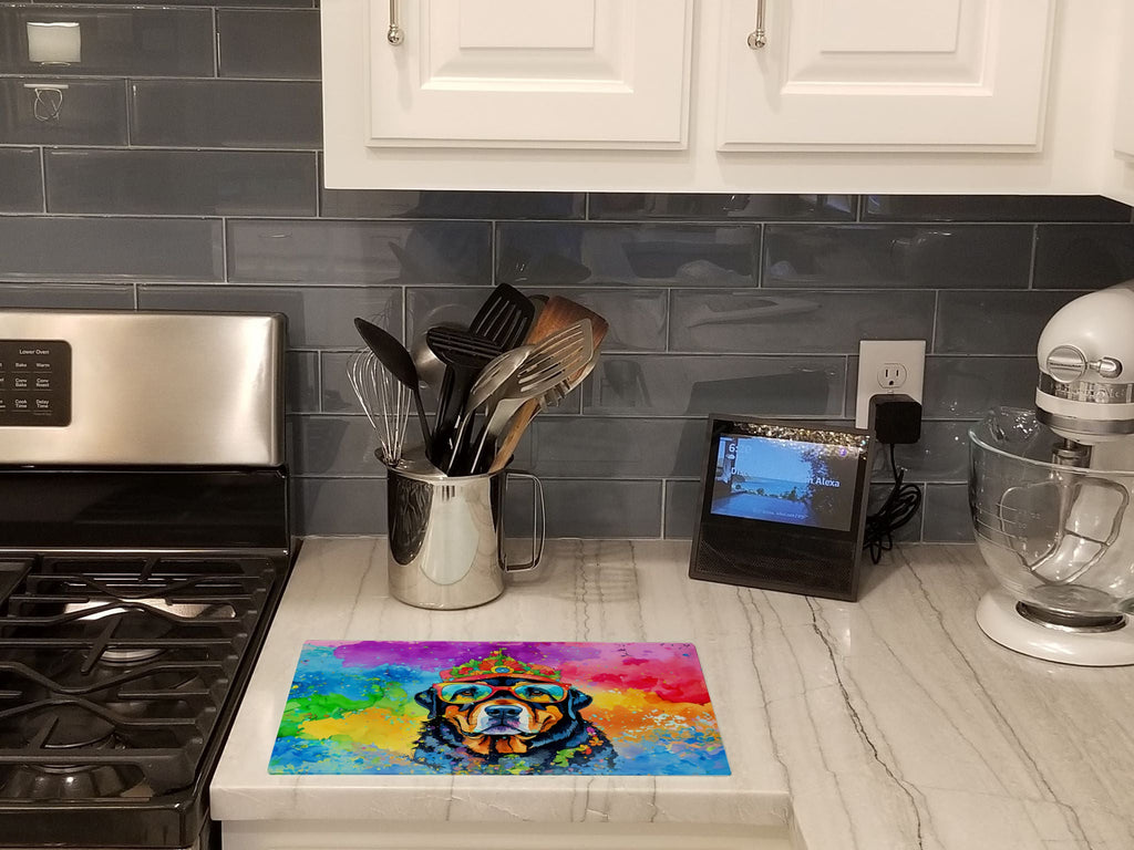 Rottweiler Hippie Dawg Cutting Board Tempered Glass Kitchen Cutting Surface, Heat Resistant Chopping, Non-Slip Feet, Food Prep & Serving