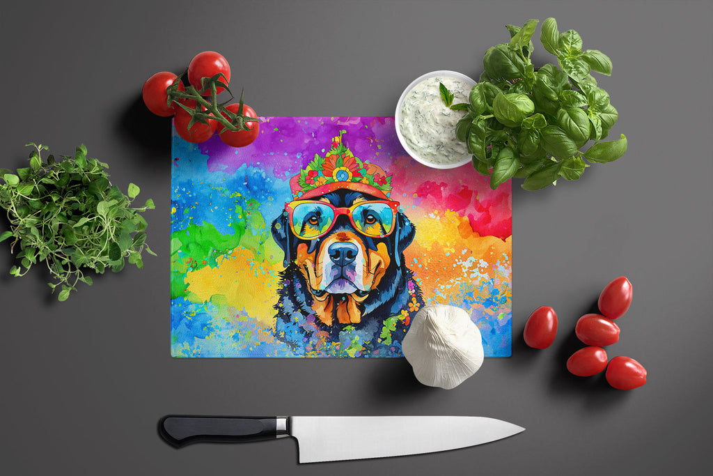 Rottweiler Hippie Dawg Cutting Board Tempered Glass Kitchen Cutting Surface, Heat Resistant Chopping, Non-Slip Feet, Food Prep & Serving