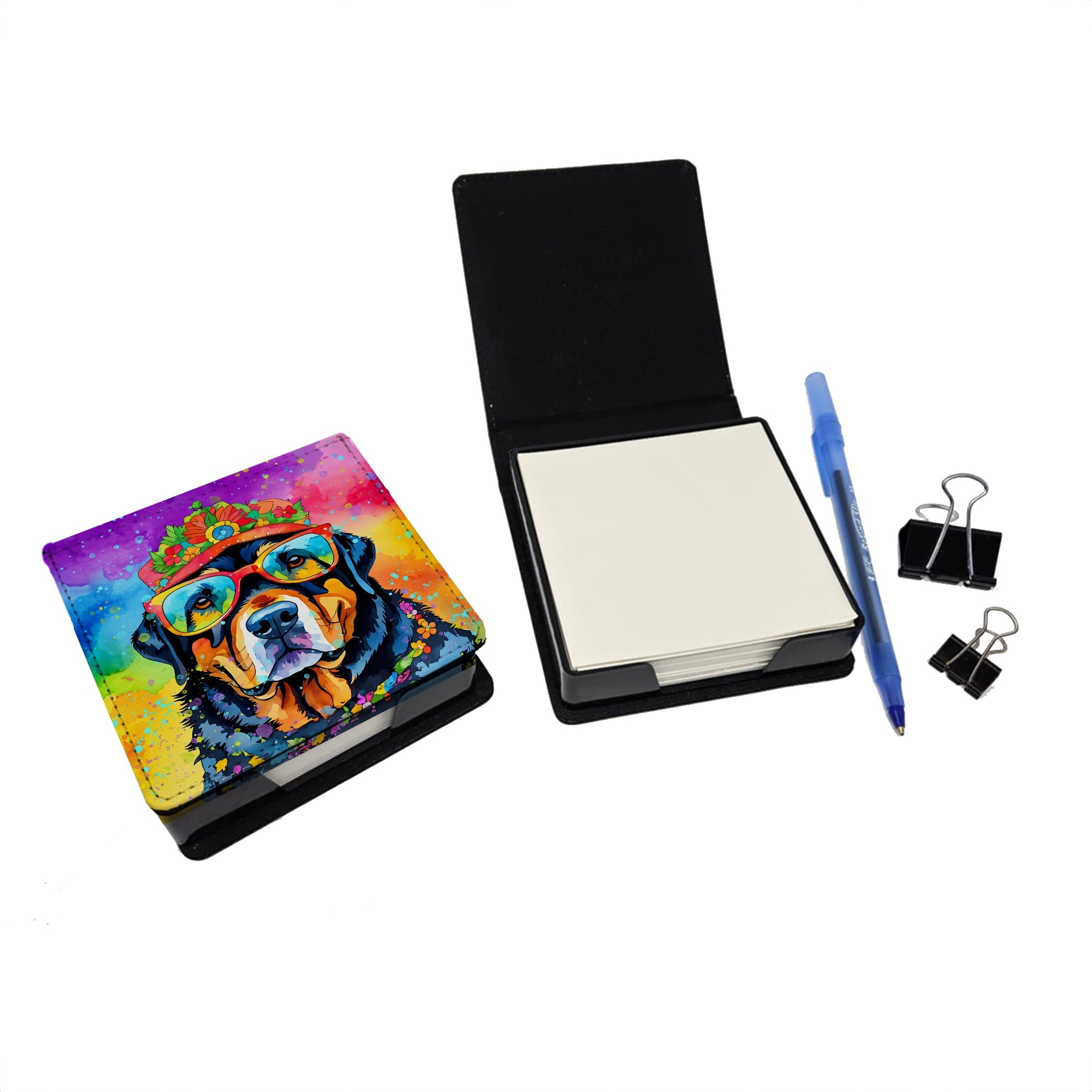 Rottweiler Hippie Dawg PU Leather Note Paper Holder with Artist-Designed Cover, Desk Accessory, Office Gift