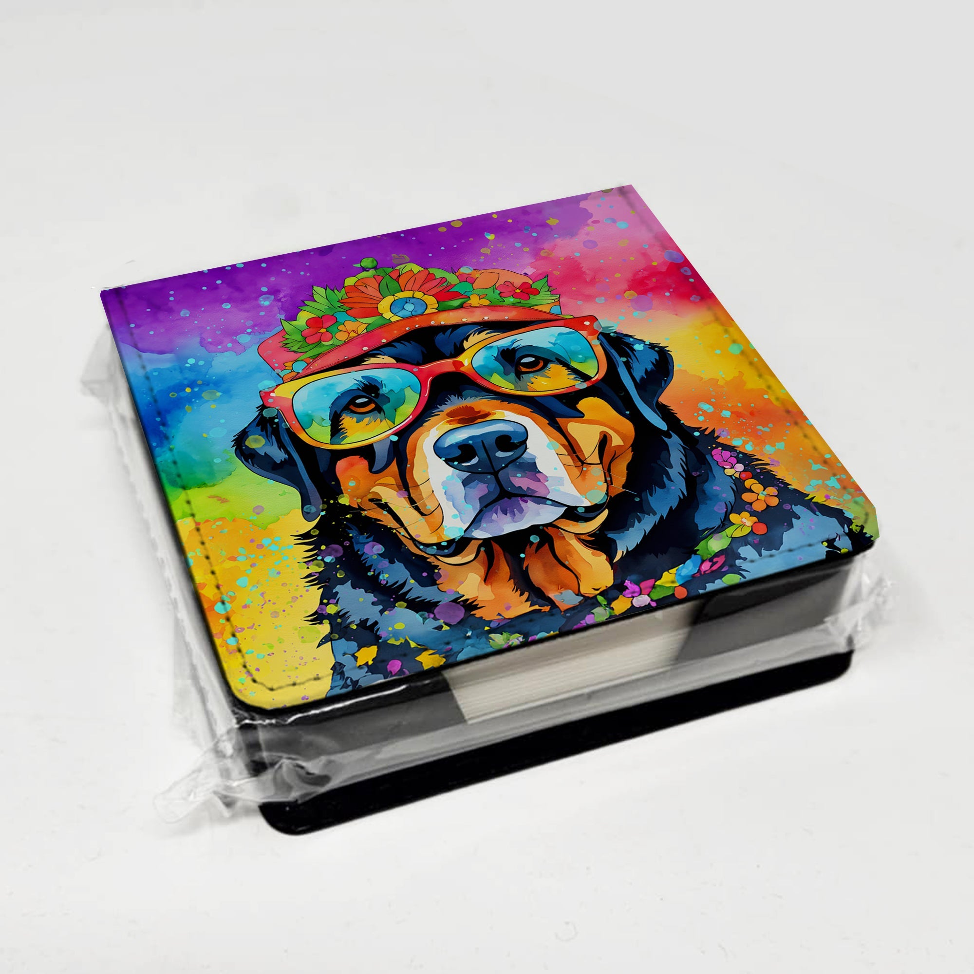 Rottweiler Hippie Dawg PU Leather Note Paper Holder with Artist-Designed Cover, Desk Accessory, Office Gift