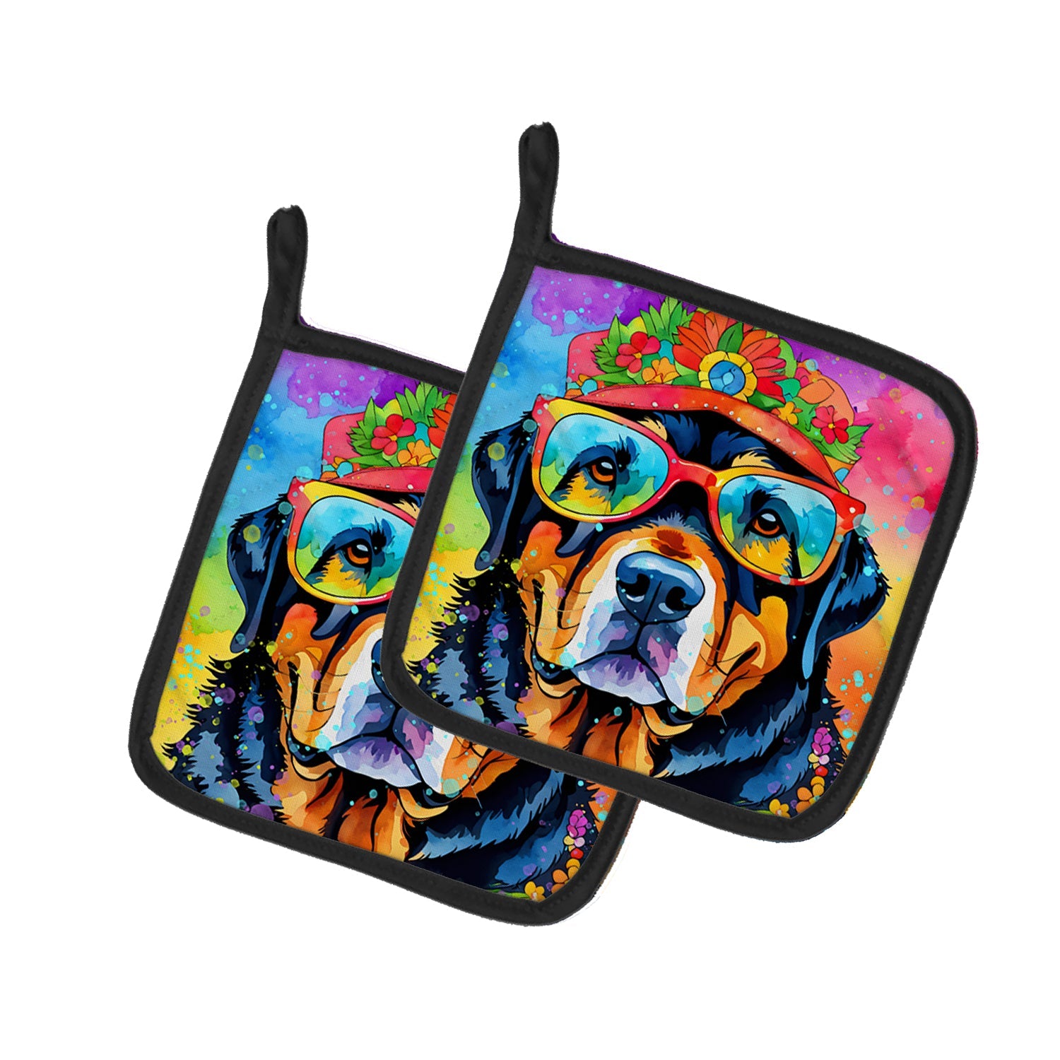 Rottweiler Hippie Dawg Pot Holder Set of 2 Heat Resistant Quilted Hot Pads 7.5 x 7.5 Inch, Insulated Kitchen Trivets for Cooking & Baking