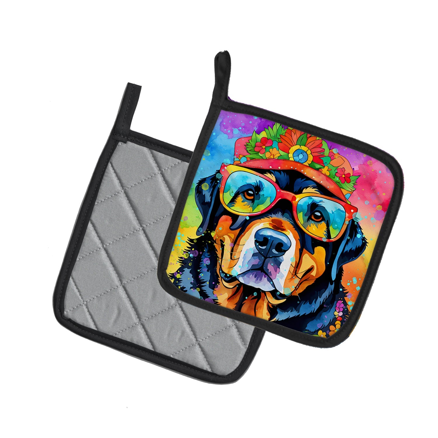 Rottweiler Hippie Dawg Pot Holder Set of 2 Heat Resistant Quilted Hot Pads 7.5 x 7.5 Inch, Insulated Kitchen Trivets for Cooking & Baking