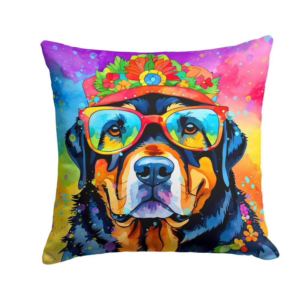 Rottweiler Hippie Dawg Decorative Throw Pillow 14x14 Indoor Outdoor Accent Cushion, Fabric Cover with Insert for Sofa, Bed, Porch & Living Room