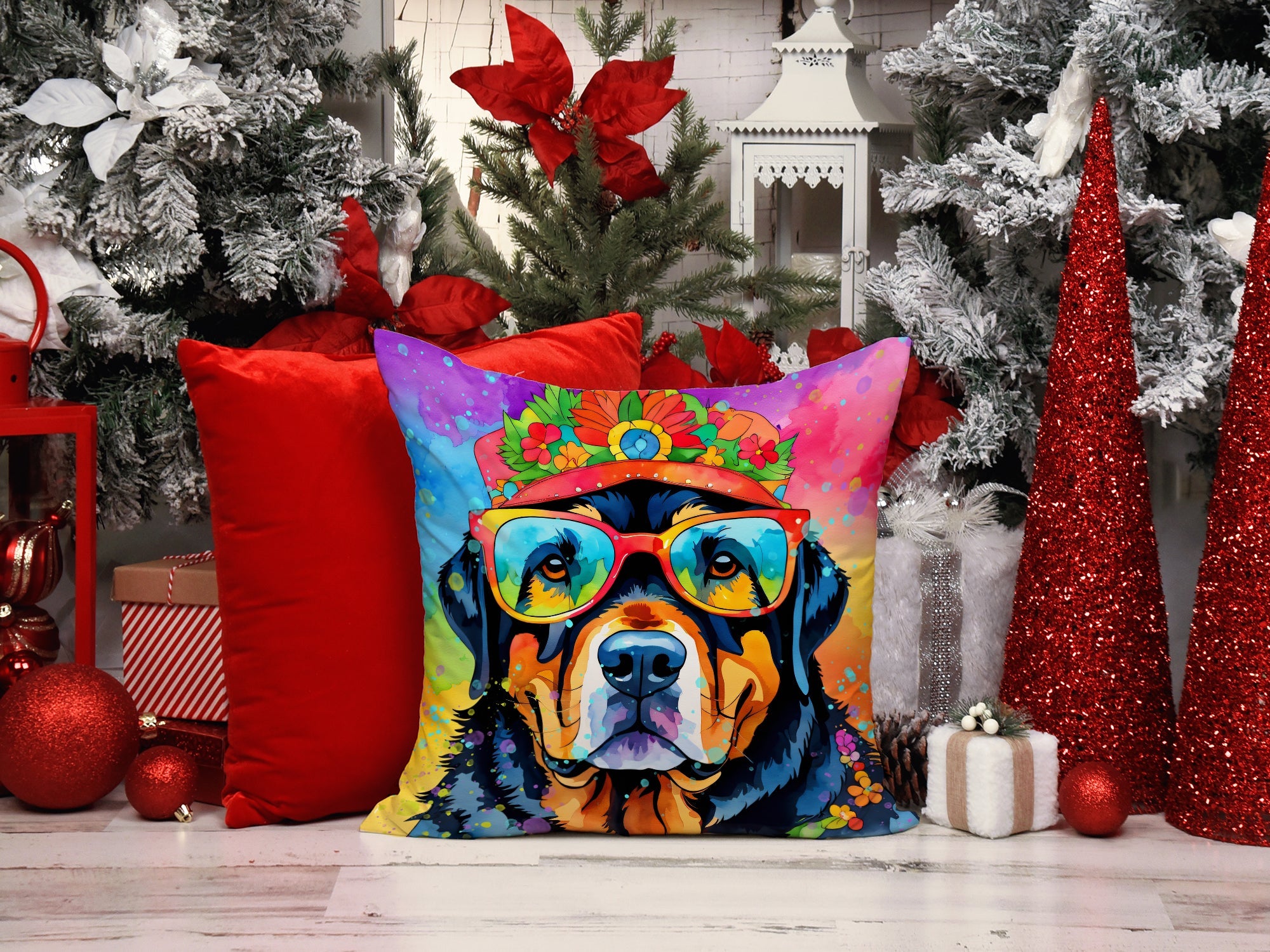 Rottweiler Hippie Dawg Decorative Throw Pillow 14x14 Indoor Outdoor Accent Cushion, Fabric Cover with Insert for Sofa, Bed, Porch & Living Room