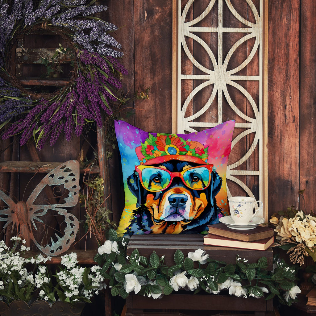 Rottweiler Hippie Dawg Decorative Throw Pillow 14x14 Indoor Outdoor Accent Cushion, Fabric Cover with Insert for Sofa, Bed, Porch & Living Room