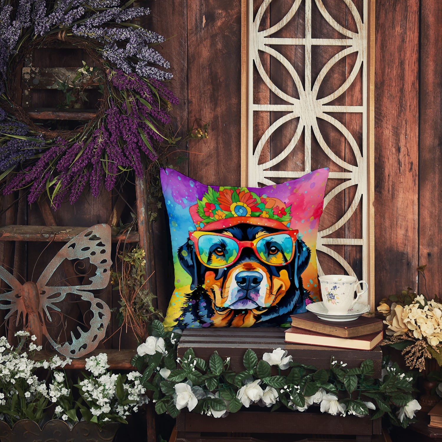 Rottweiler Hippie Dawg Decorative Throw Pillow 14x14 Indoor Outdoor Accent Cushion, Fabric Cover with Insert for Sofa, Bed, Porch & Living Room