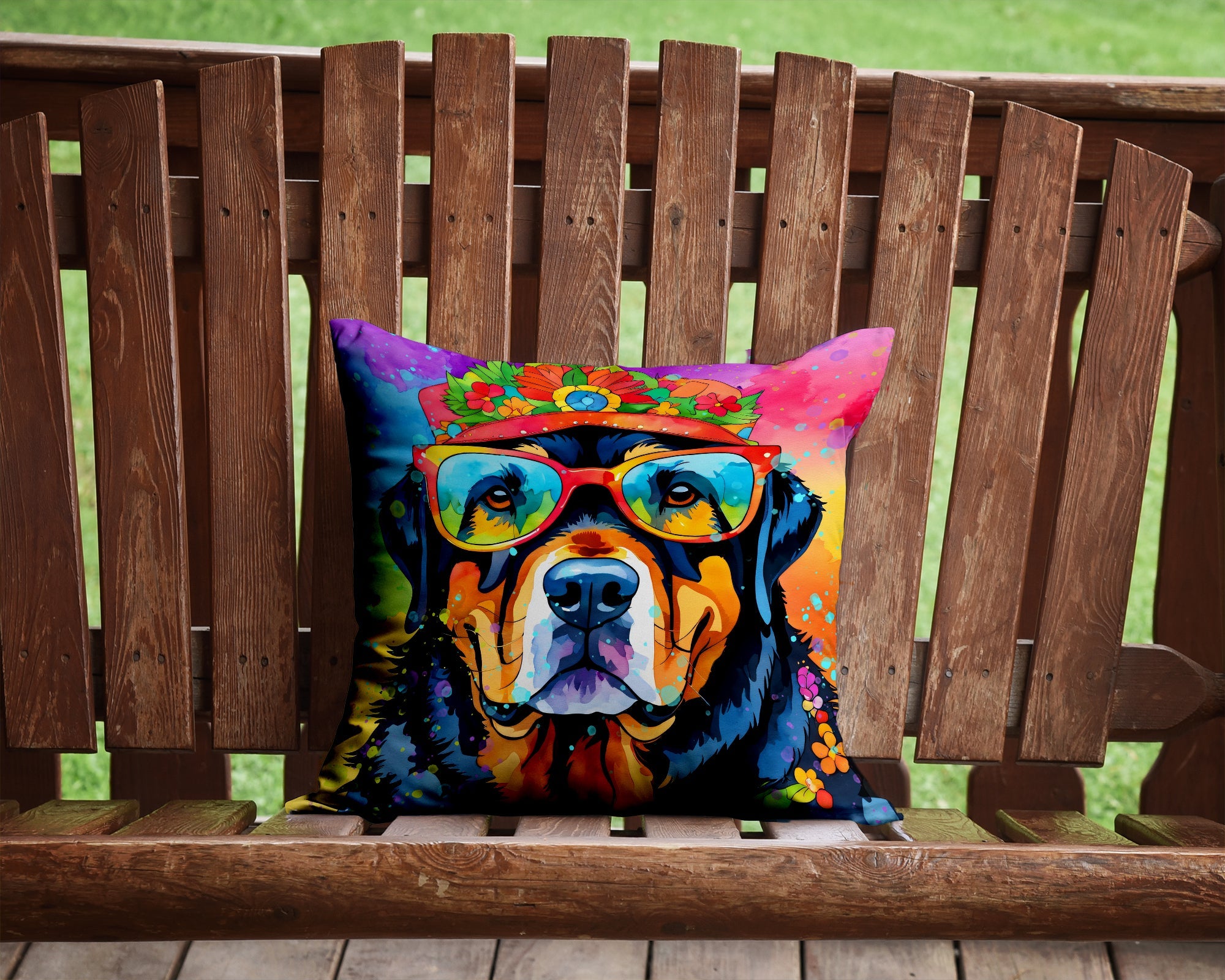 Rottweiler Hippie Dawg Decorative Throw Pillow 14x14 Indoor Outdoor Accent Cushion, Fabric Cover with Insert for Sofa, Bed, Porch & Living Room