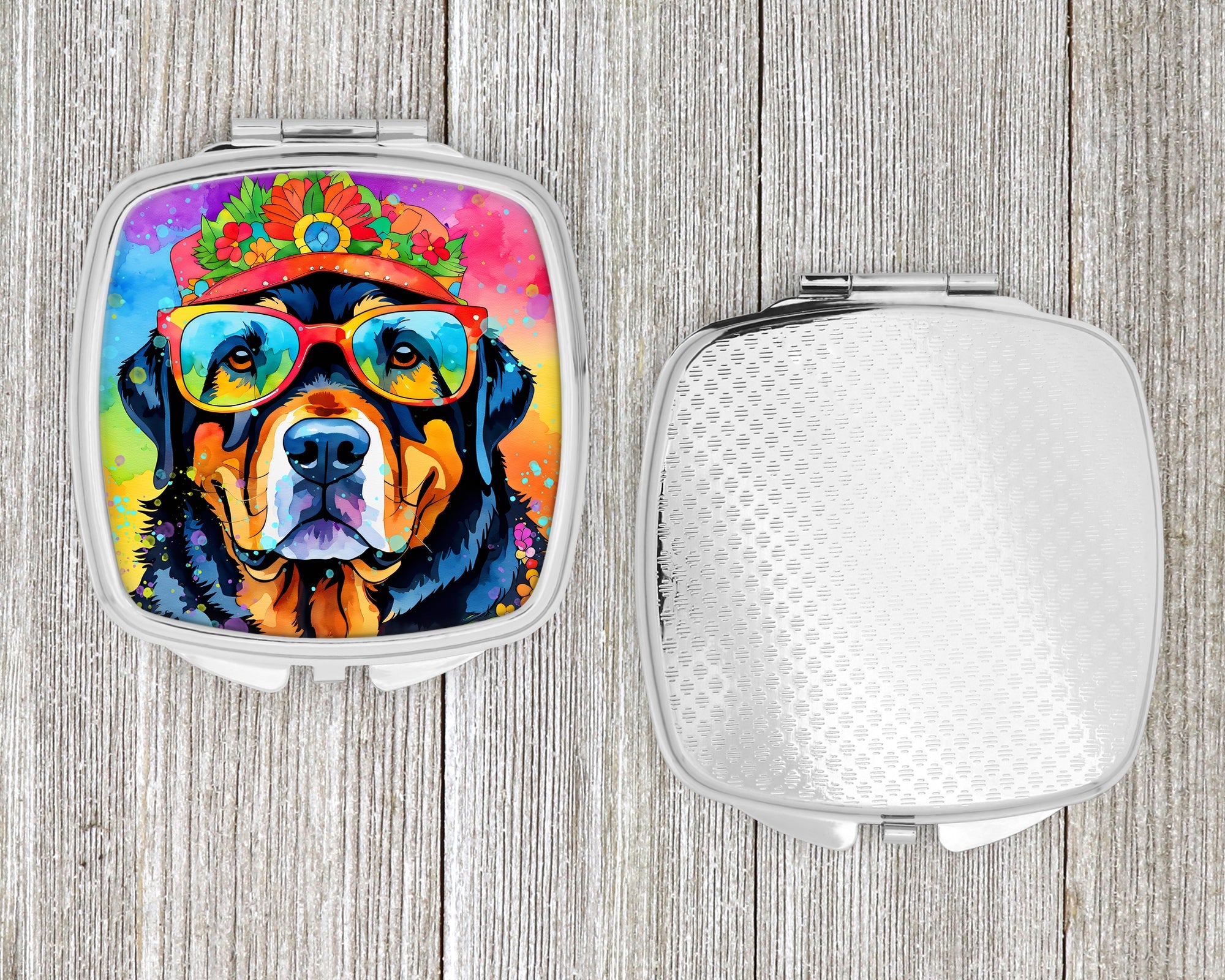 Rottweiler Hippie Dawg Compact Mirror Decorative Travel Makeup Mirror for Women Girls Gifts Pocket Makeup Mirror Folding Handheld