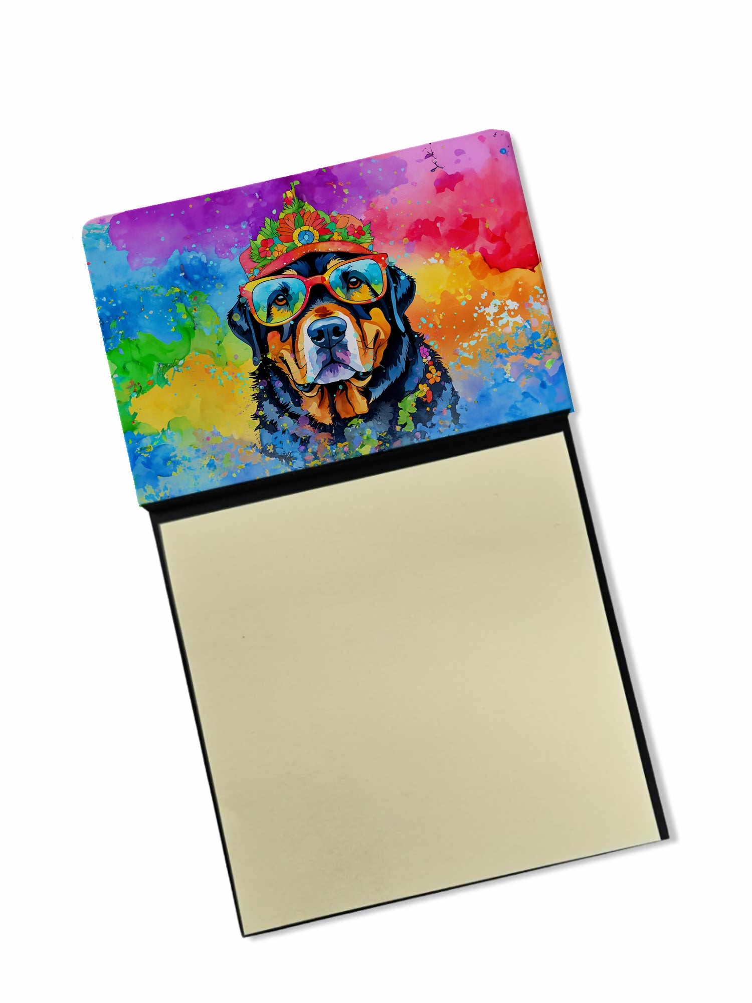 Rottweiler Hippie Dawg Watercolor Sticky Note Holder Refillable Dispenser Desk Accessory 3x3 Pad Gift