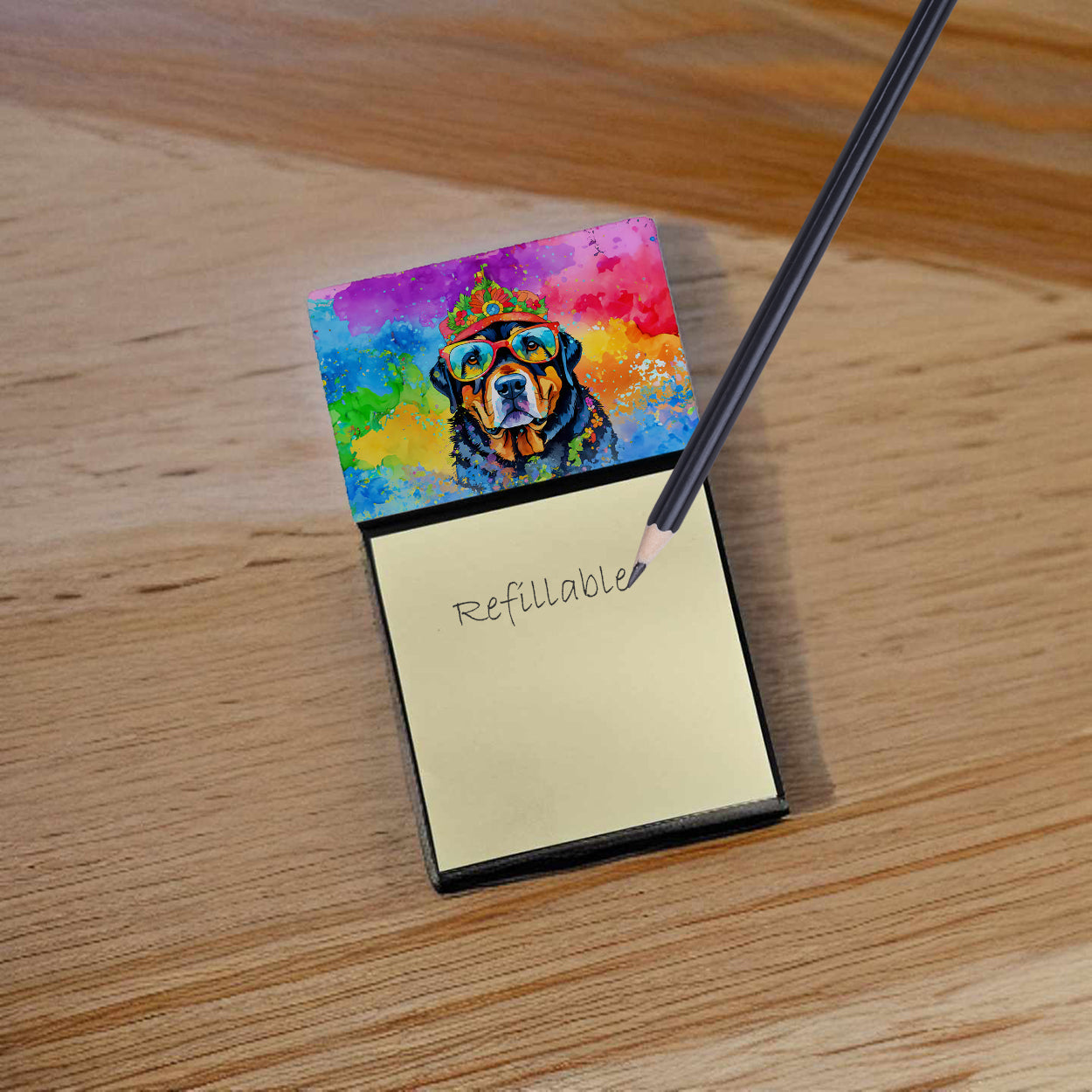 Rottweiler Hippie Dawg Watercolor Sticky Note Holder Refillable Dispenser Desk Accessory 3x3 Pad Gift