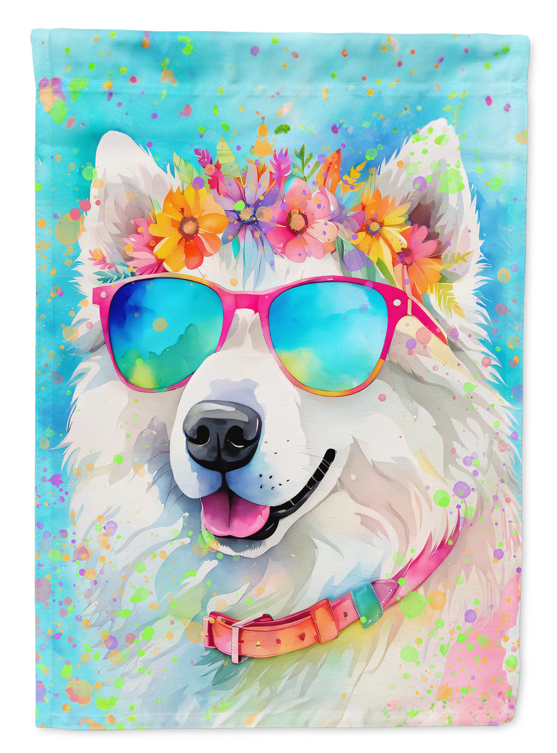 Samoyed Hippie Dawg House Flag 28x40 Porch Sleeve Pole Decorative Outside Yard Banner Artwork Wall Hanging, Polyester