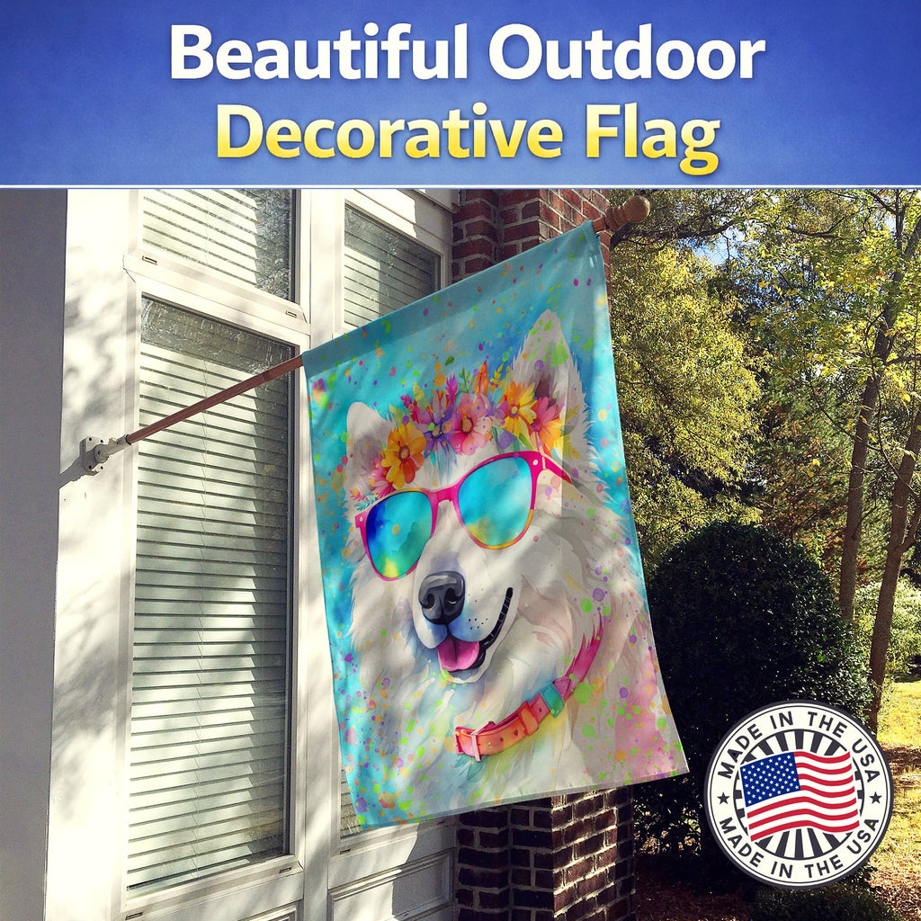 Samoyed Hippie Dawg House Flag 28x40 Porch Sleeve Pole Decorative Outside Yard Banner Artwork Wall Hanging, Polyester