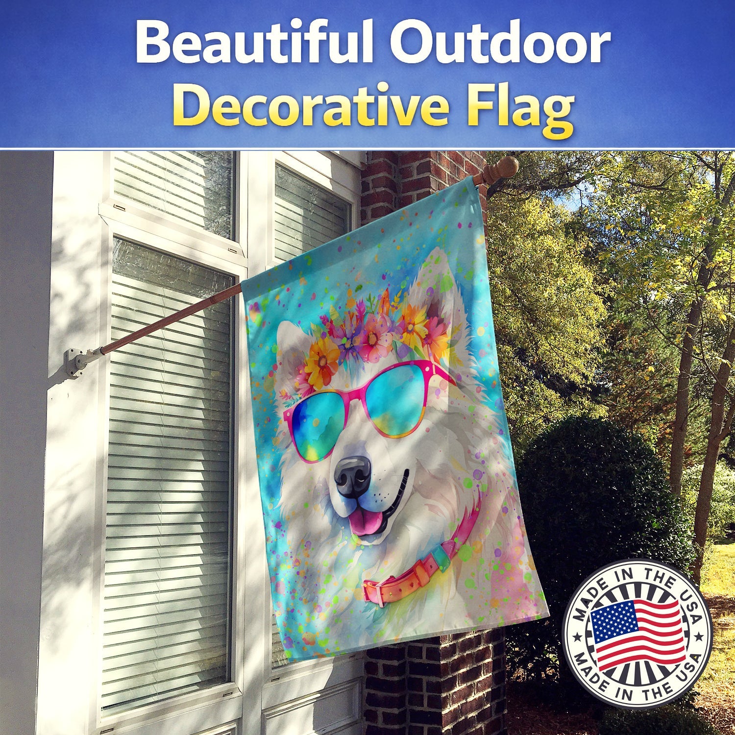 Samoyed Hippie Dawg House Flag 28x40 Porch Sleeve Pole Decorative Outside Yard Banner Artwork Wall Hanging, Polyester