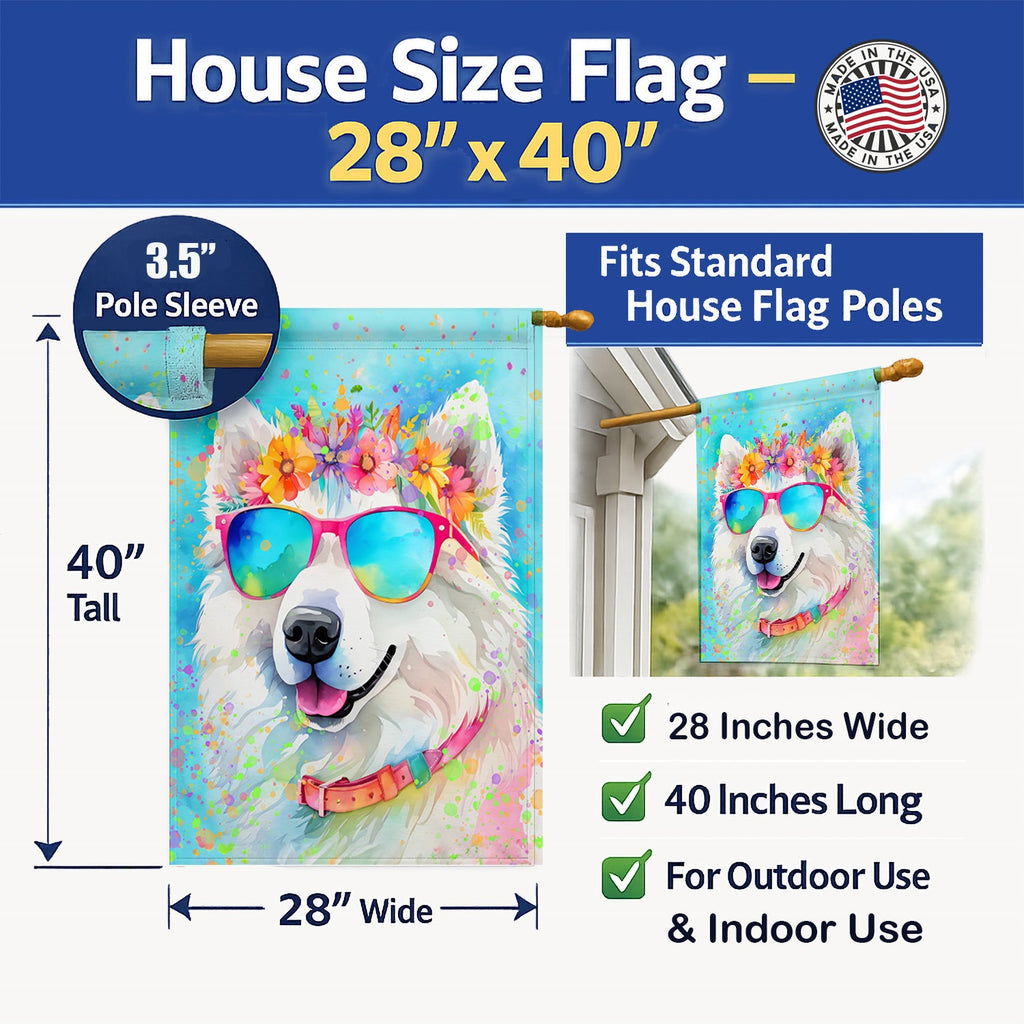 Samoyed Hippie Dawg House Flag 28x40 Porch Sleeve Pole Decorative Outside Yard Banner Artwork Wall Hanging, Polyester