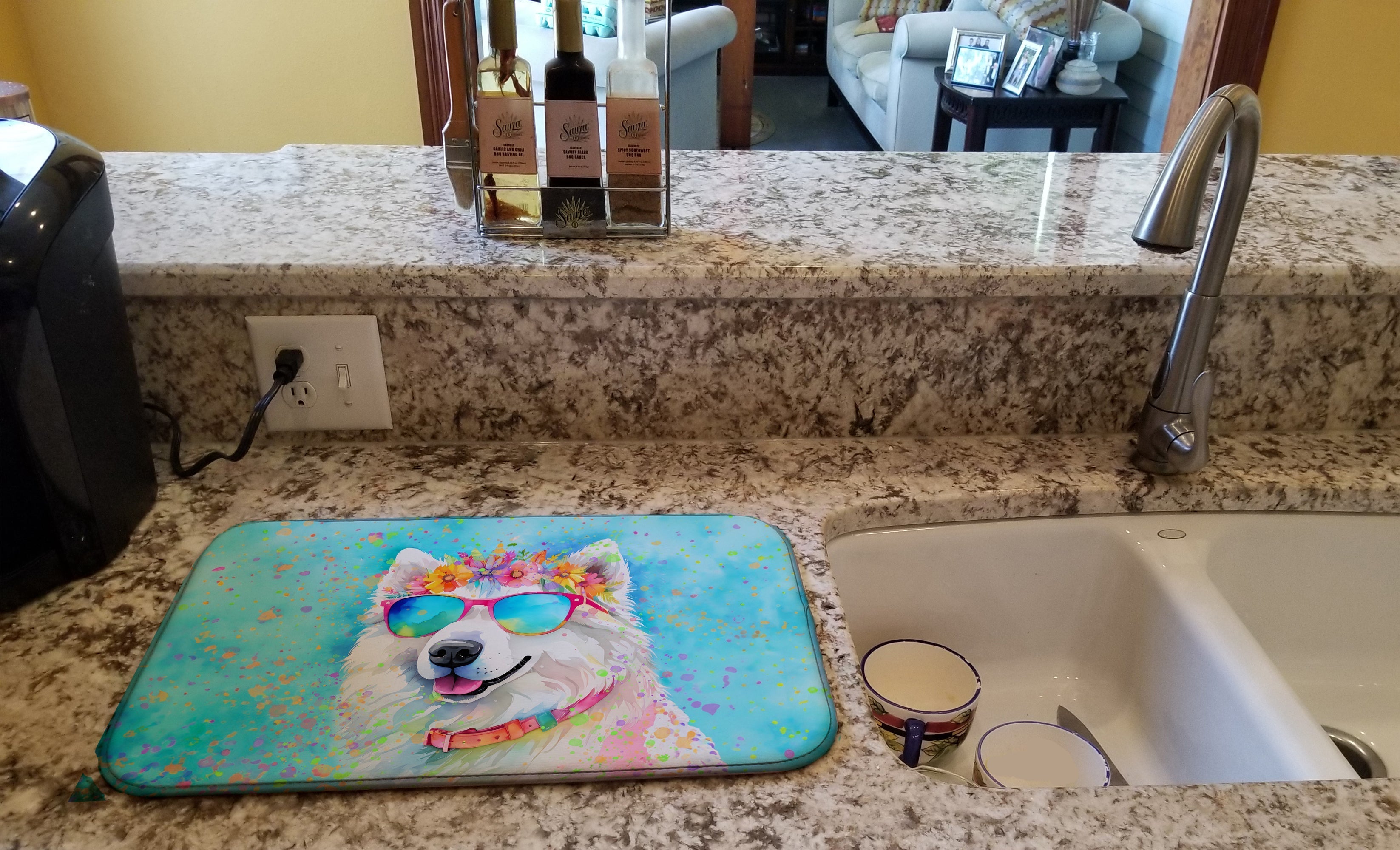 Samoyed Hippie Dawg Dish Drying Mat Absorbent Dish Drying Mat Pad for Kitchen Counter Dish Drainer Mat for Countertop, 14 x 21", Multicolor