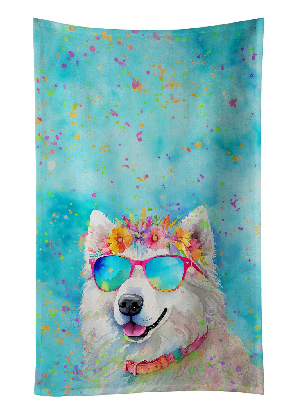 Samoyed Hippie Dawg Kitchen Towel Velour Plush Front and Cotton Loop Back Machine Washable