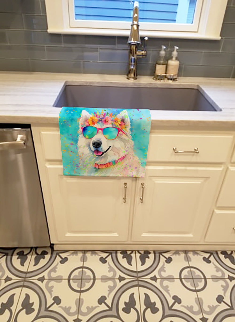 Samoyed Hippie Dawg Kitchen Towel Velour Plush Front and Cotton Loop Back Machine Washable