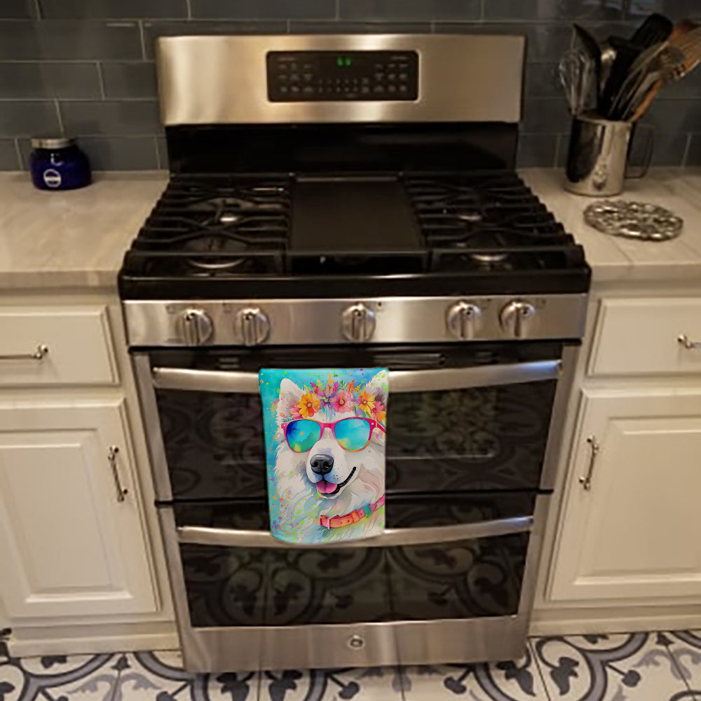 Samoyed Hippie Dawg Kitchen Towel Velour Plush Front and Cotton Loop Back Machine Washable