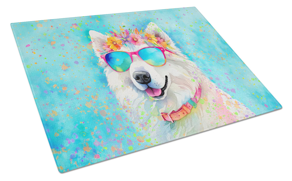 Samoyed Hippie Dawg Cutting Board Tempered Glass Kitchen Cutting Surface, Heat Resistant Chopping, Non-Slip Feet, Food Prep & Serving