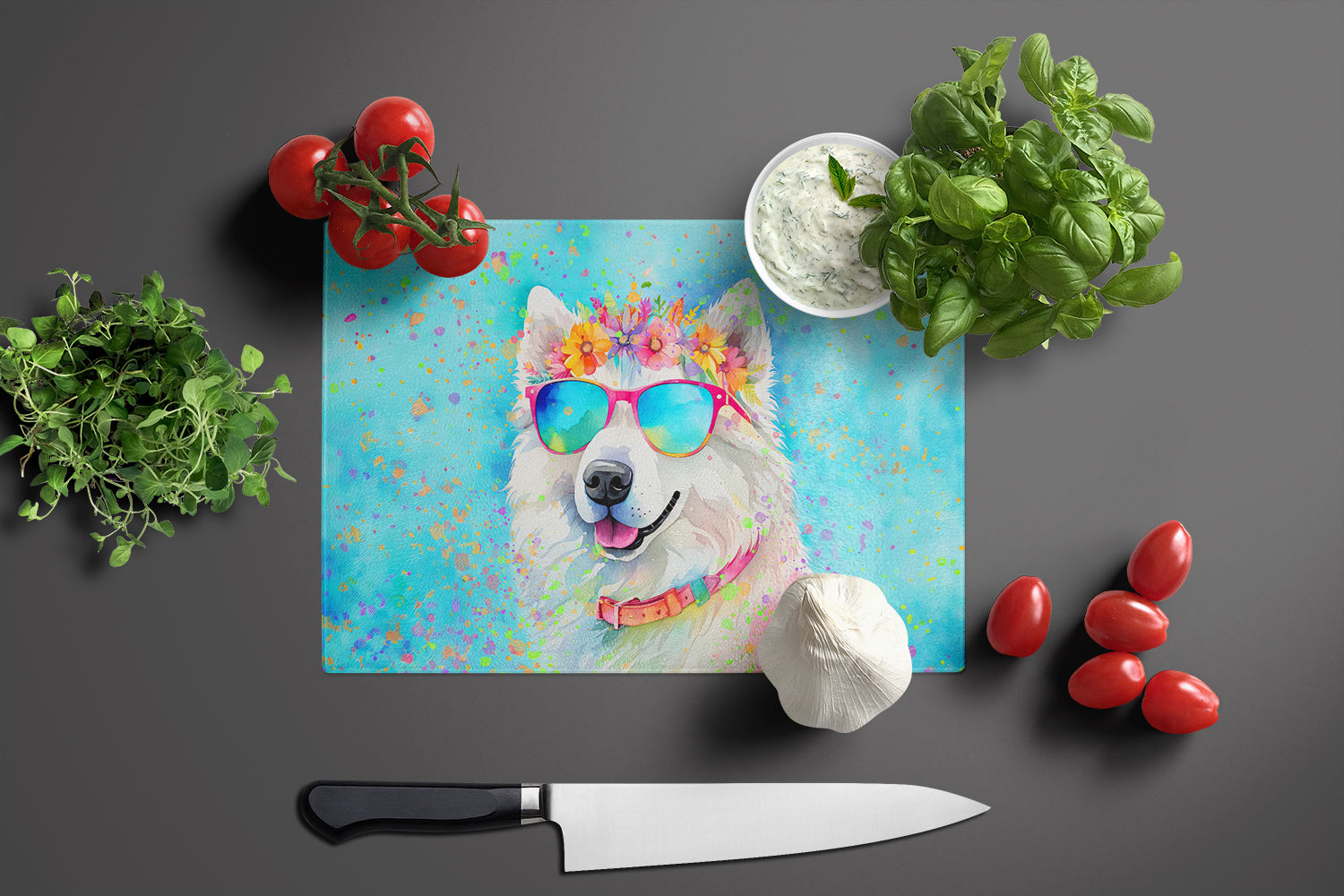 Samoyed Hippie Dawg Cutting Board Tempered Glass Kitchen Cutting Surface, Heat Resistant Chopping, Non-Slip Feet, Food Prep & Serving