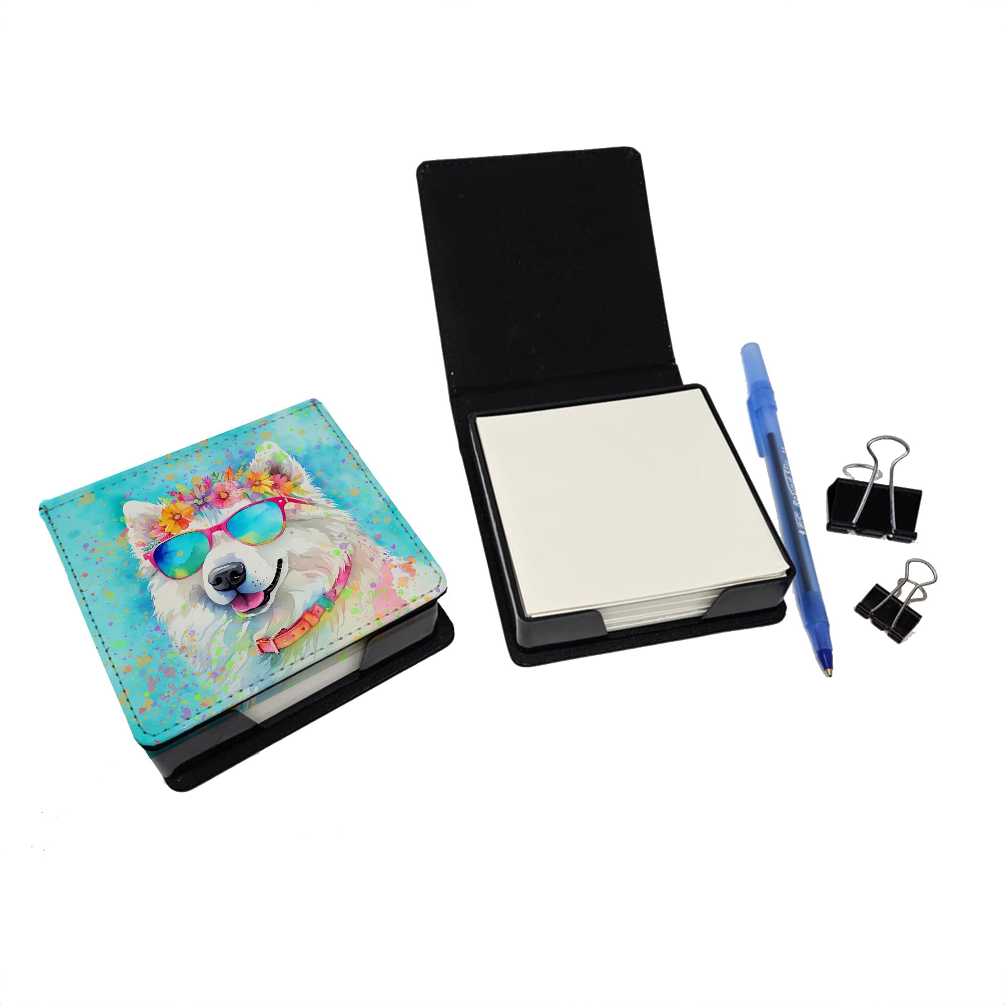 Samoyed Hippie Dawg PU Leather Note Paper Holder with Artist-Designed Cover, Desk Accessory, Office Gift