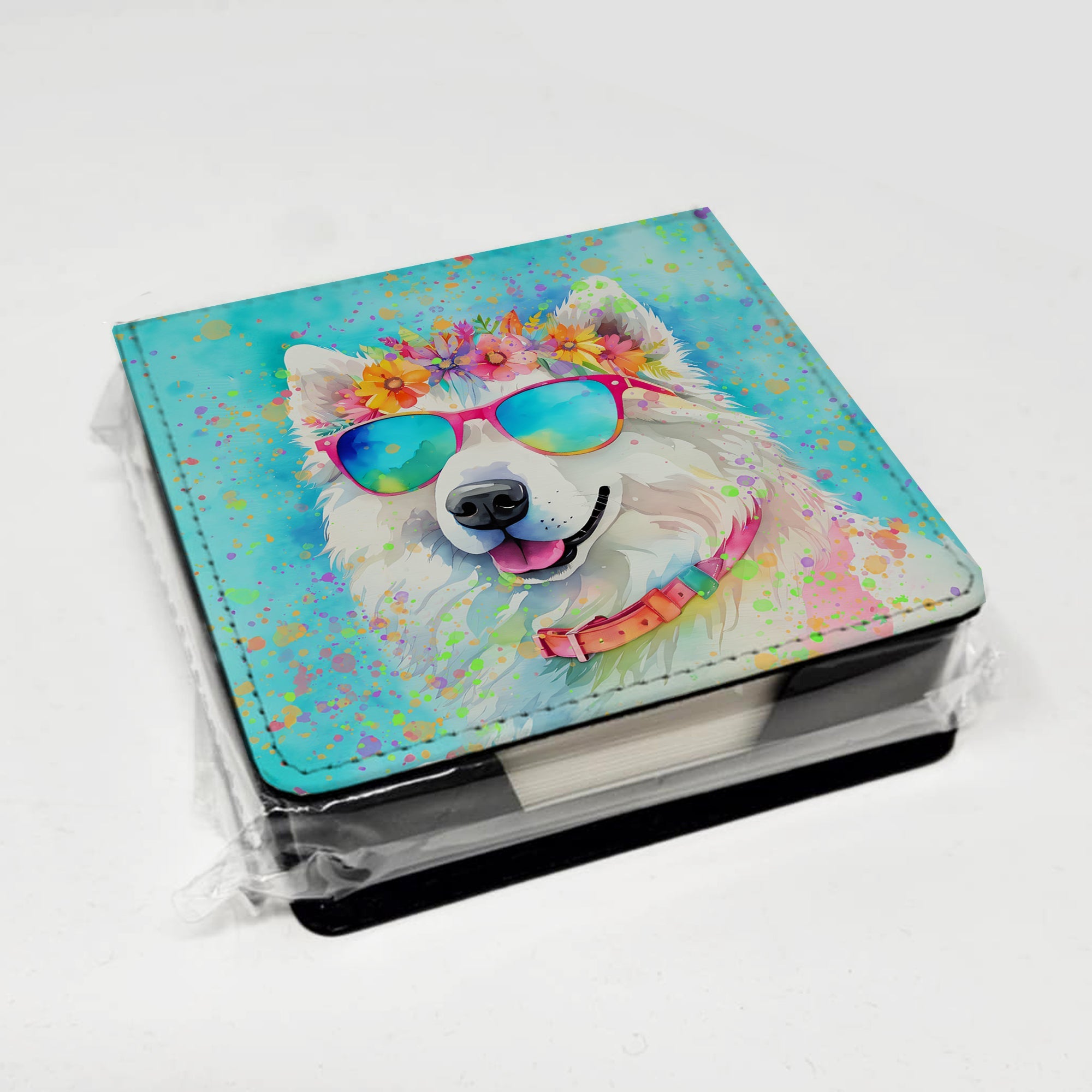 Samoyed Hippie Dawg PU Leather Note Paper Holder with Artist-Designed Cover, Desk Accessory, Office Gift