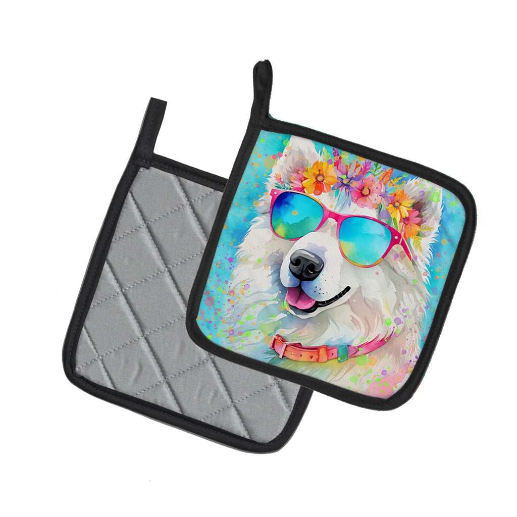 Samoyed Hippie Dawg Pot Holder Set of 2 Heat Resistant Quilted Hot Pads 7.5 x 7.5 Inch, Insulated Kitchen Trivets for Cooking & Baking