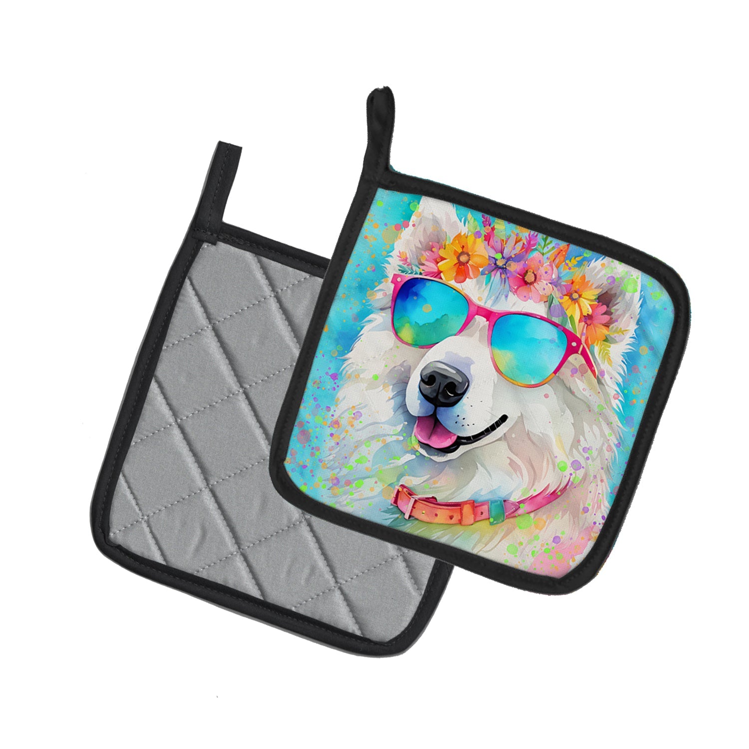 Samoyed Hippie Dawg Pot Holder Set of 2 Heat Resistant Quilted Hot Pads 7.5 x 7.5 Inch, Insulated Kitchen Trivets for Cooking & Baking