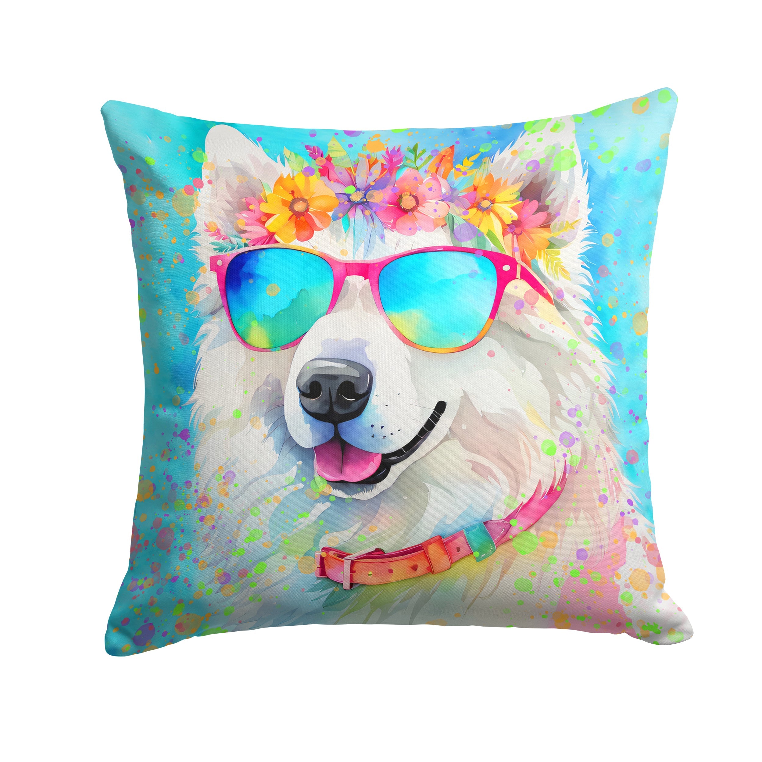 Samoyed Hippie Dawg Decorative Throw Pillow 14x14 Indoor Outdoor Accent Cushion, Fabric Cover with Insert for Sofa, Bed, Porch & Living Room