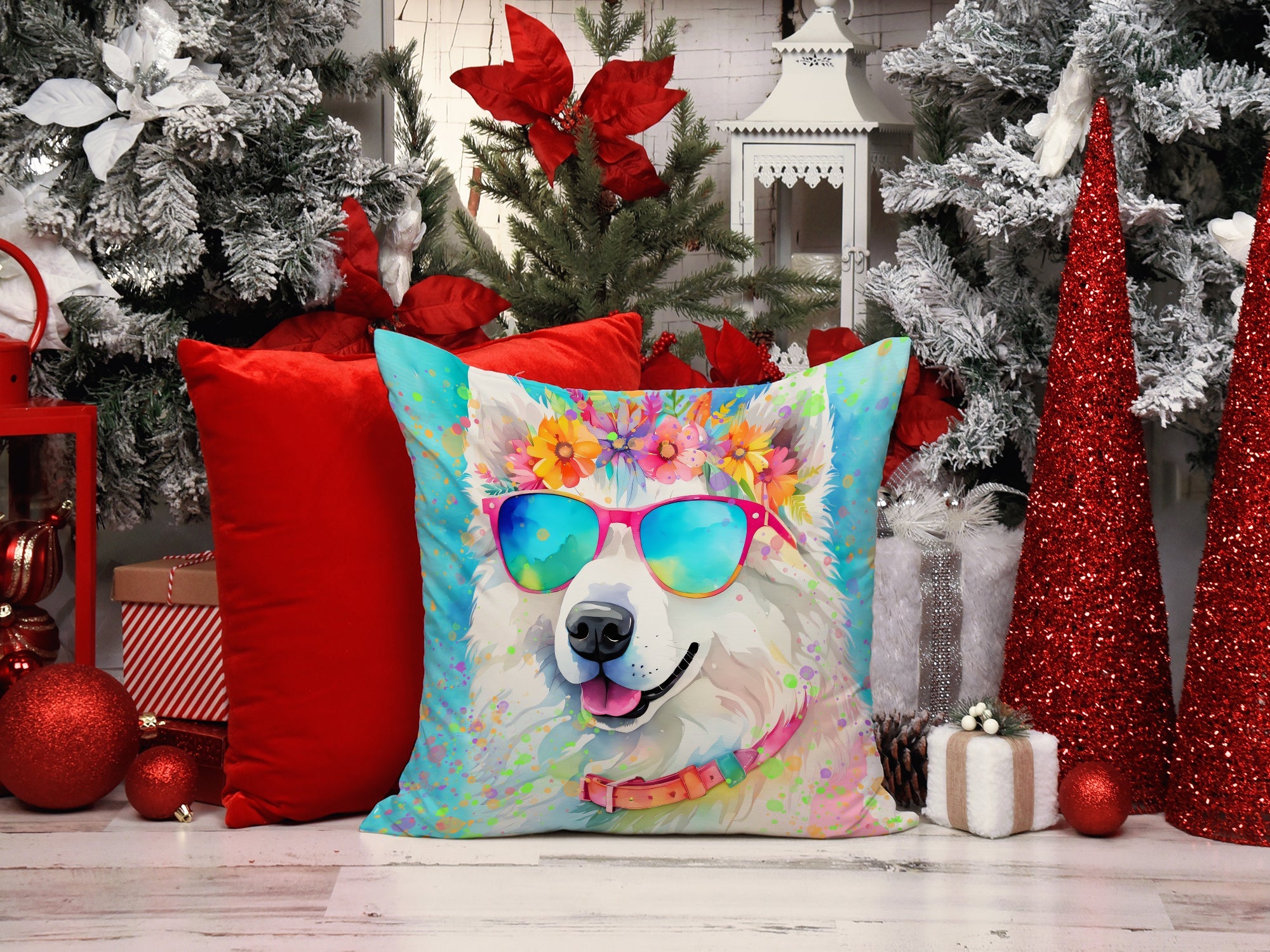 Samoyed Hippie Dawg Decorative Throw Pillow 14x14 Indoor Outdoor Accent Cushion, Fabric Cover with Insert for Sofa, Bed, Porch & Living Room